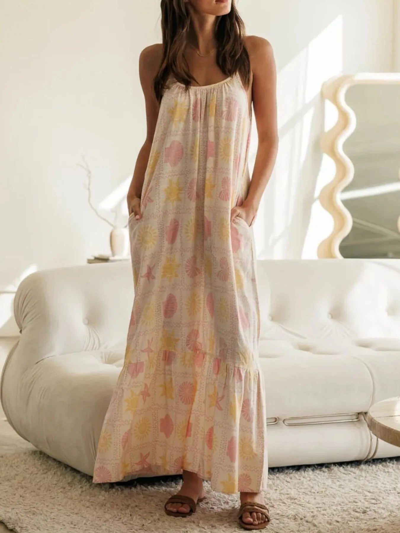 Women's Lounge Dress – Printed Maxi with Ruffled Hem