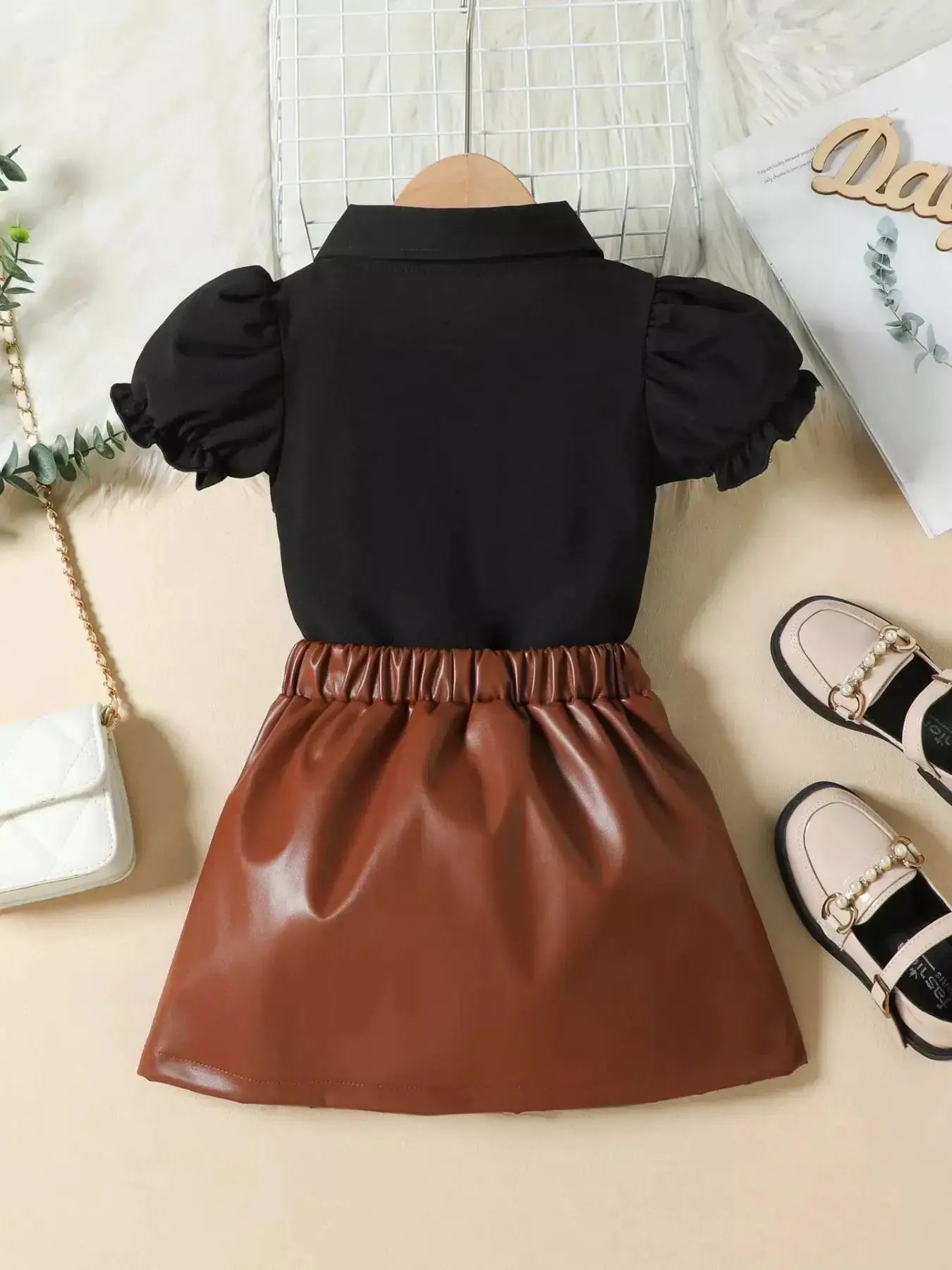 Girls White Puff Sleeve Ruffle Button Top With Black Pleated Skirt Set — Parfymia