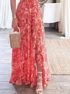 Women's Maxi Dress – Ruffled Cutout V-Neck