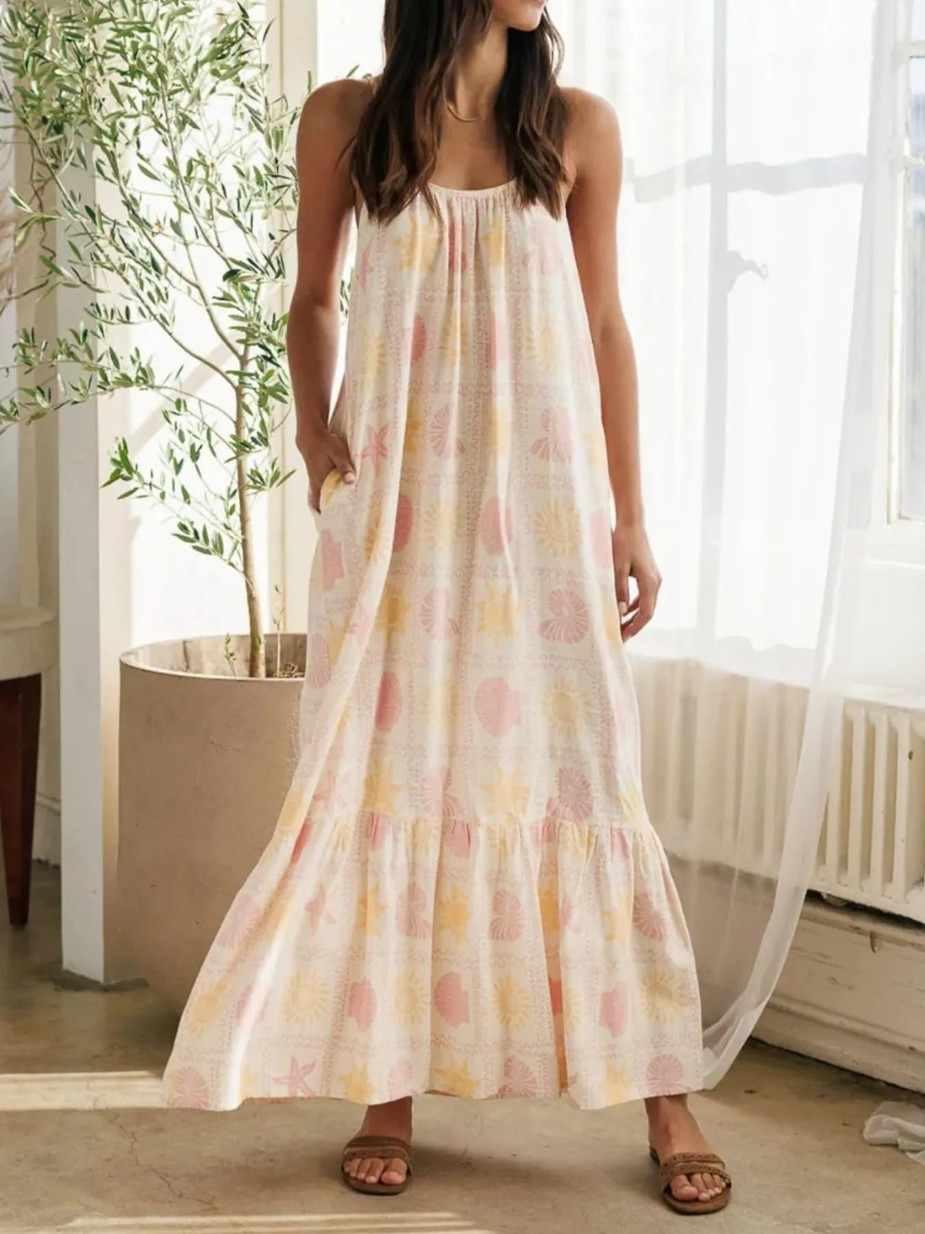 Women's Lounge Dress – Printed Maxi with Ruffled Hem