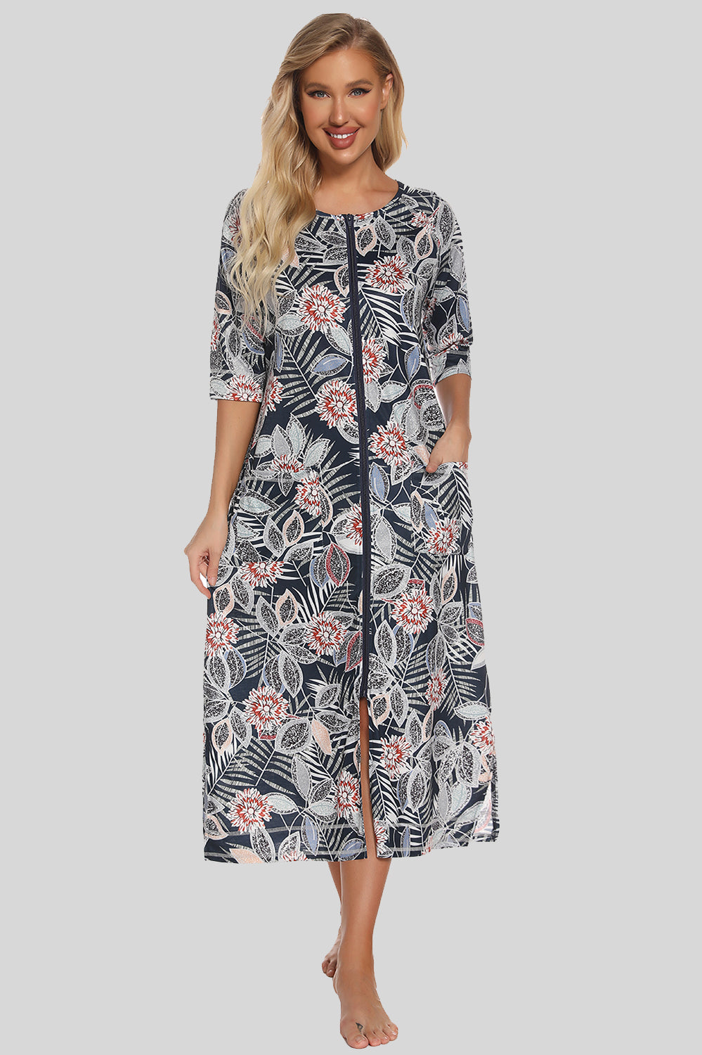 Women's Printed Slit Night Dress with Pockets