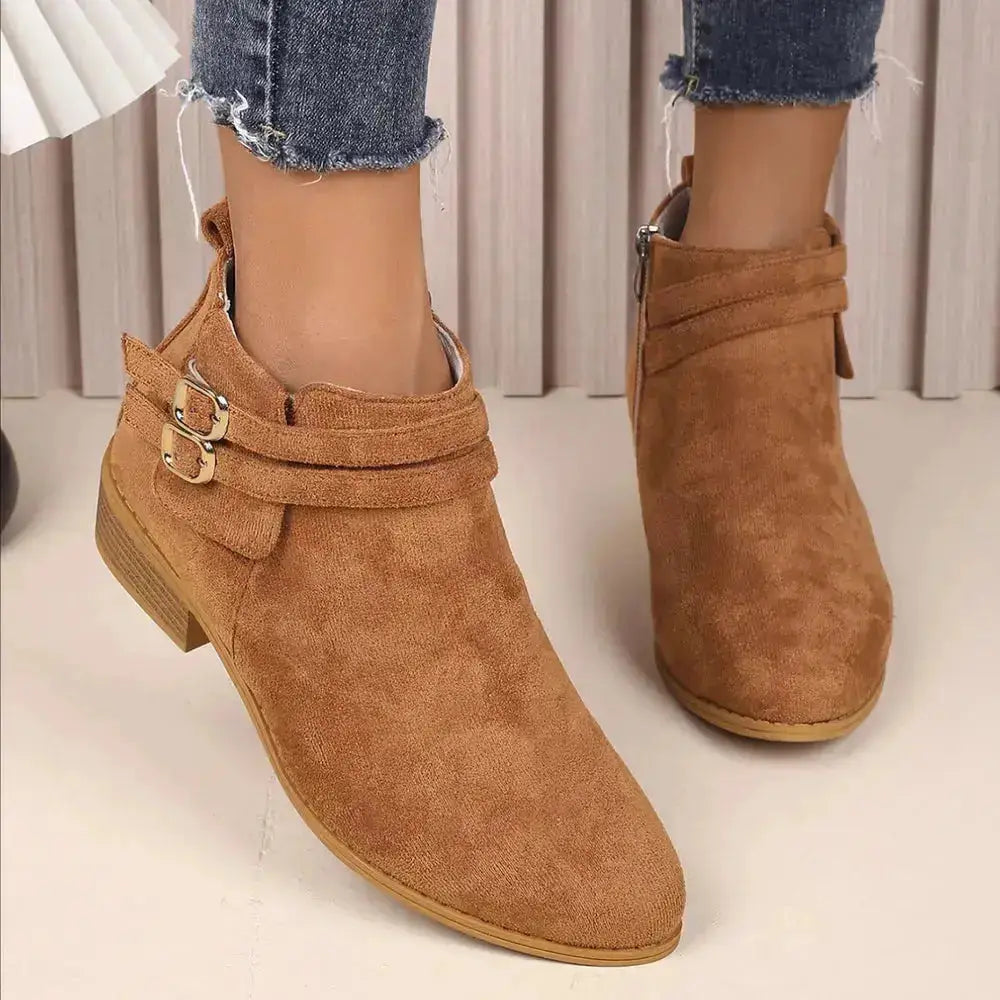Suede Point Toe Block Heel Boots by Parfymia
