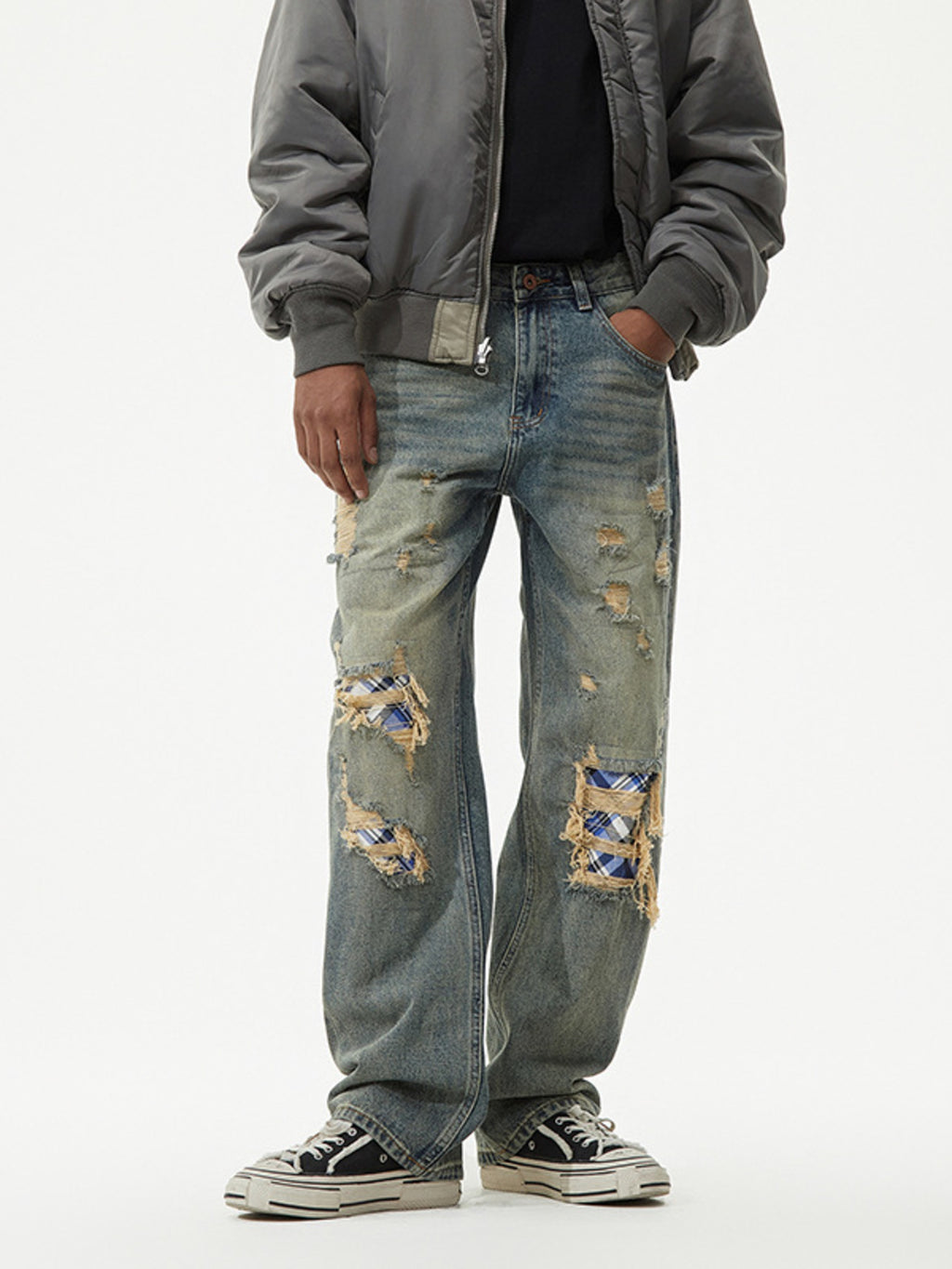 Men's Distressed Plaid Patch Wide Leg Jeans