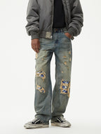 Men's Distressed Plaid Patch Wide Leg Jeans