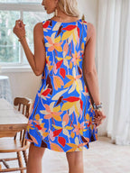 Tropical Leaf Print V-Neck Sleeveless Dress