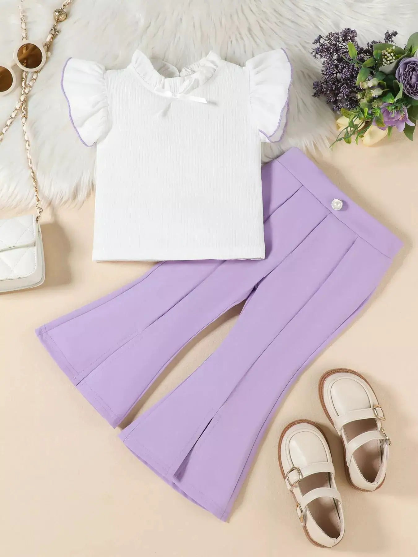 Girls Ruffle Trim Top And Flare Leg Pants Set For Parties — Parfymia