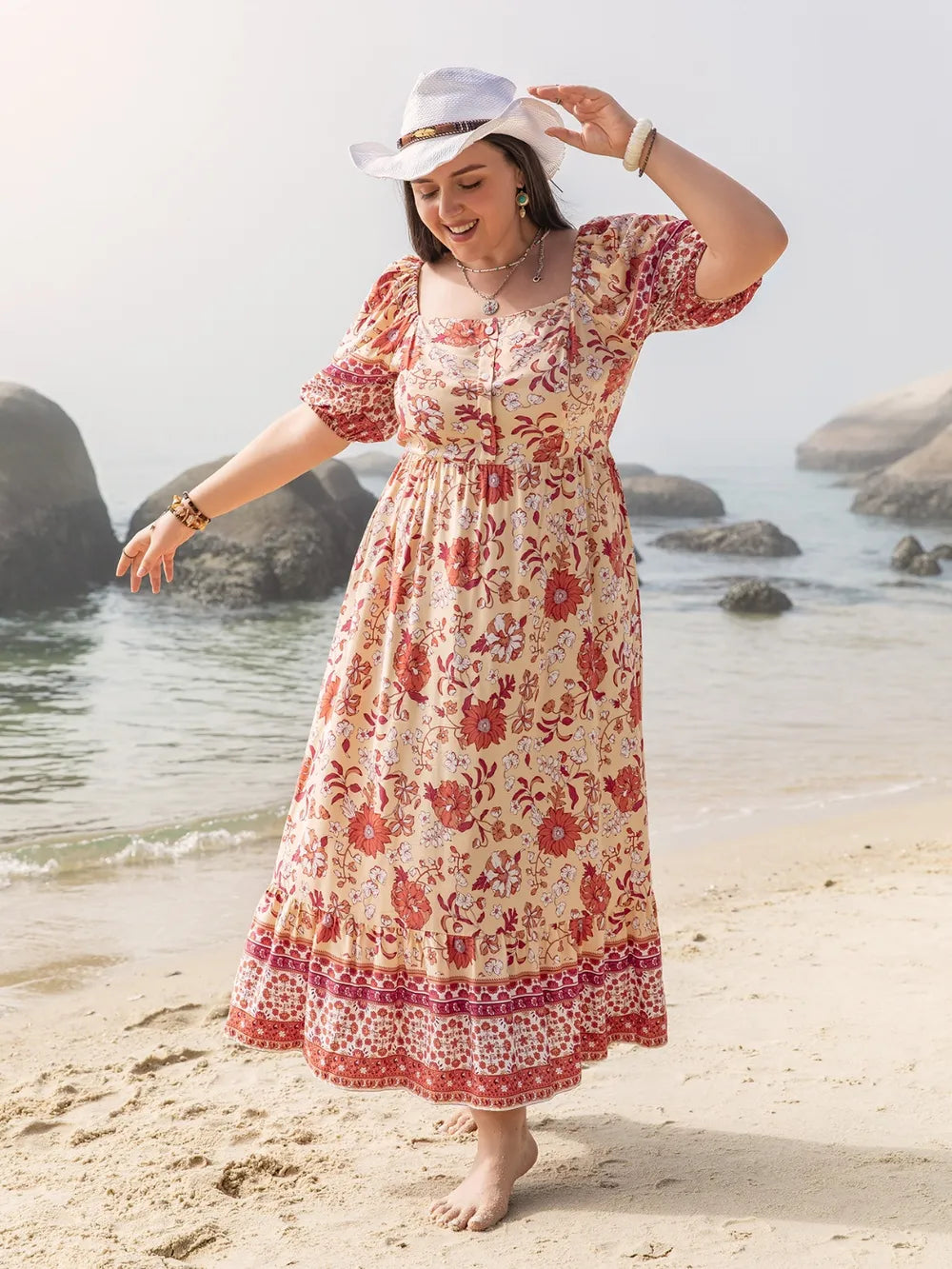 Women's Plus Size Printed Square Neck Dress