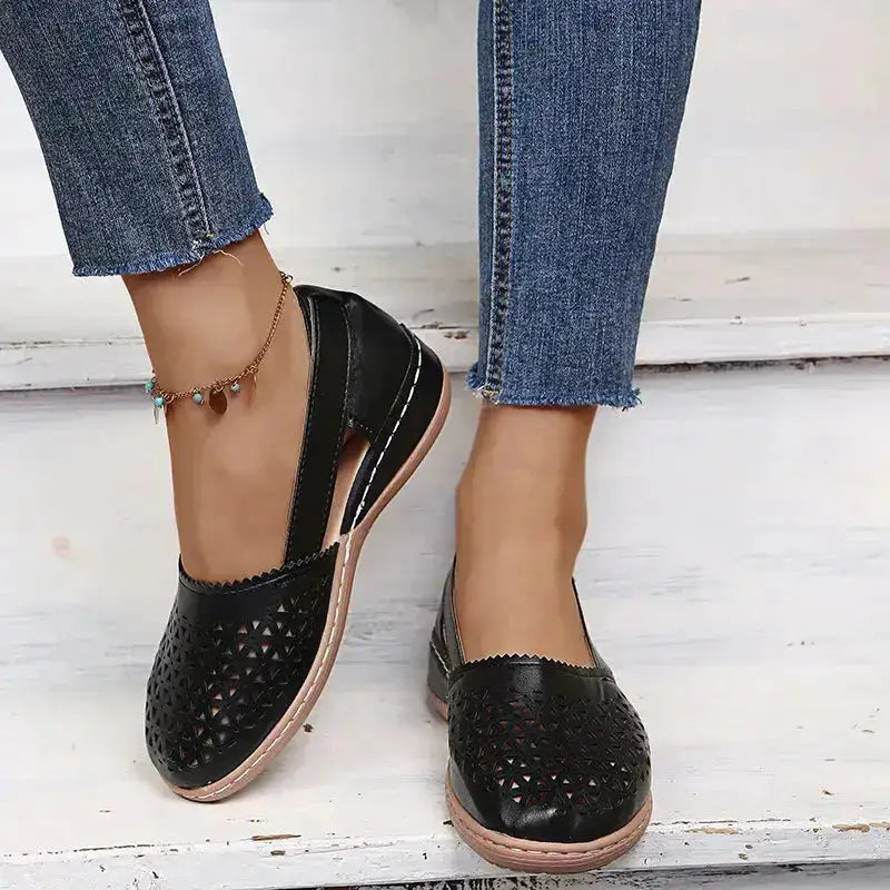 Stylish Cutout Round Toe PU Leather Loafers by Parfymia
