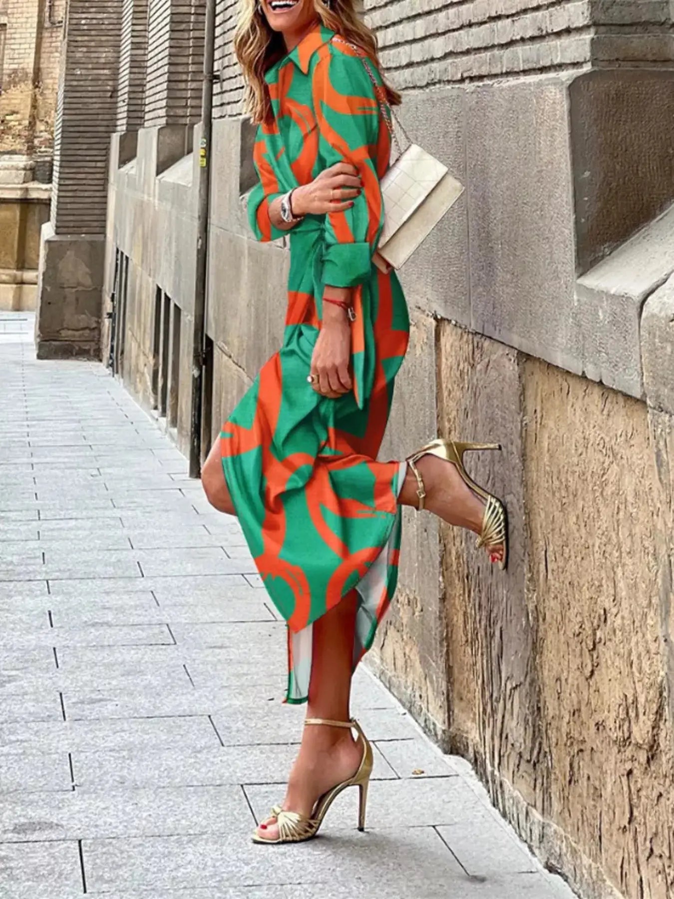 Printed Collared Neck Shirt Dress Trendsi