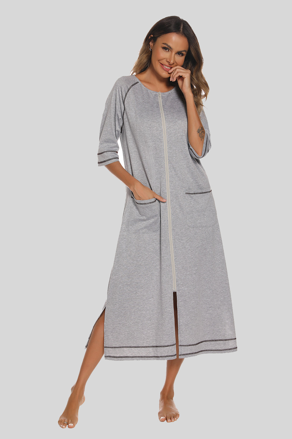 Women's Night Dress with Zip Front & Pockets