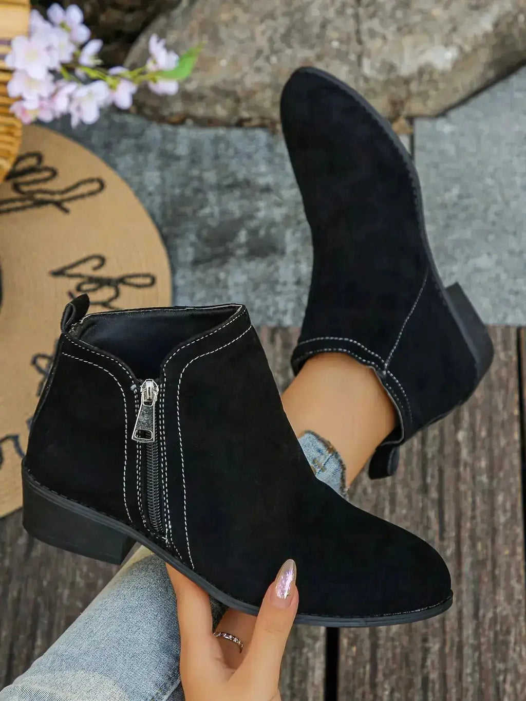 Pointed Toe Block Heel Boots in Suede by Parfymia