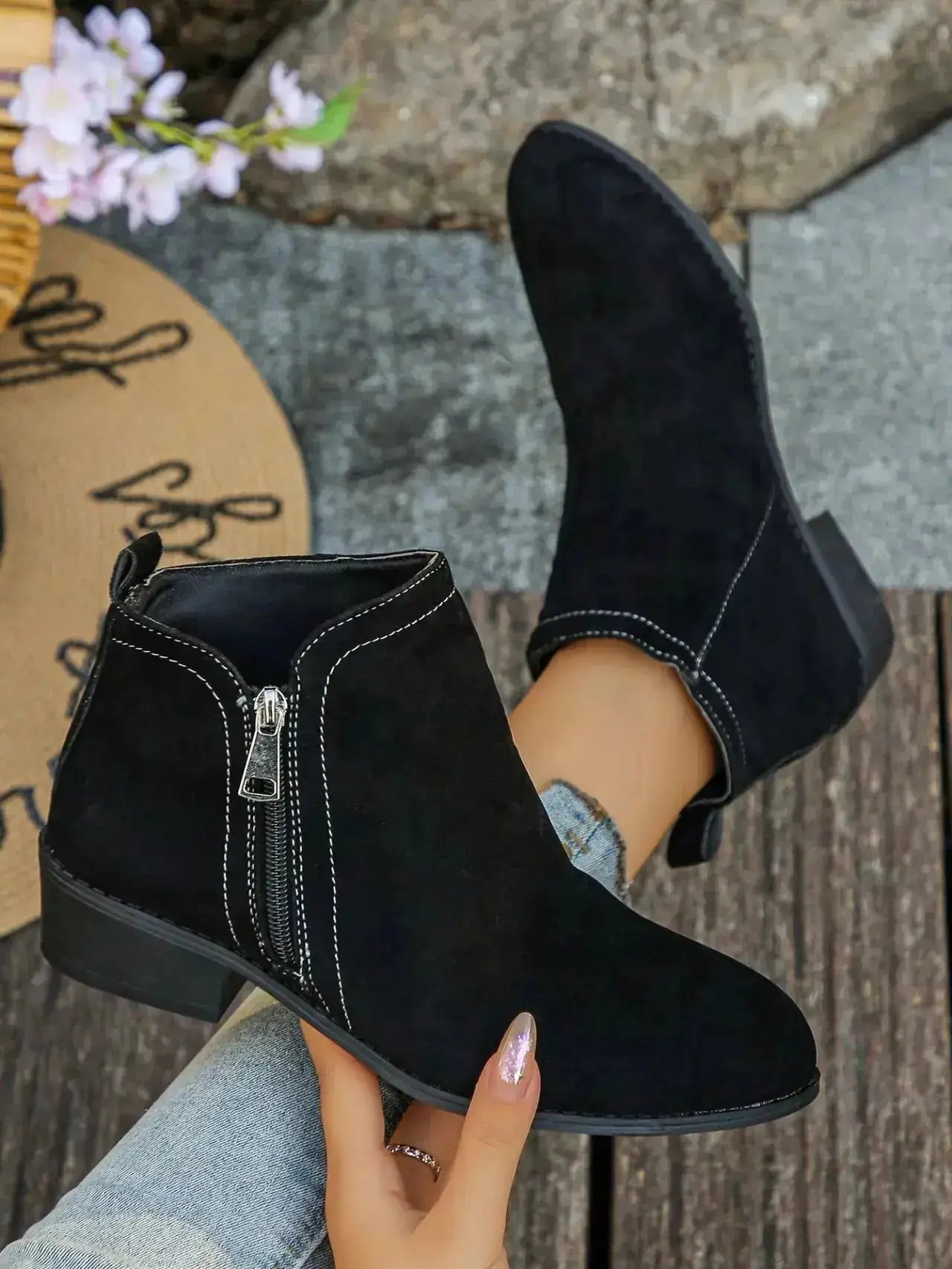 Pointed Toe Block Heel Boots in Suede by Parfymia