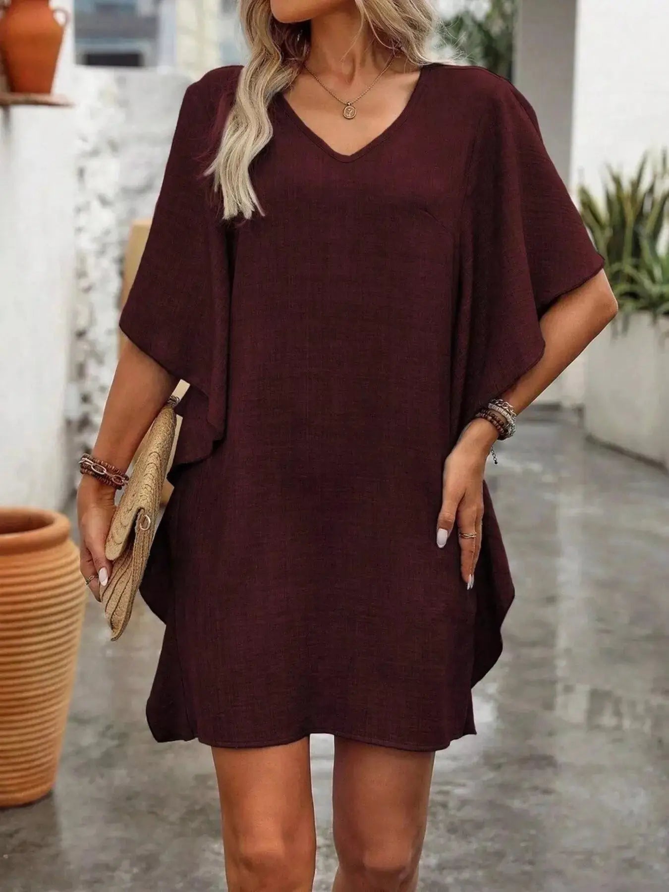 Ruffled Flutter Sleeve V-Neck Mini Dress Trendsi