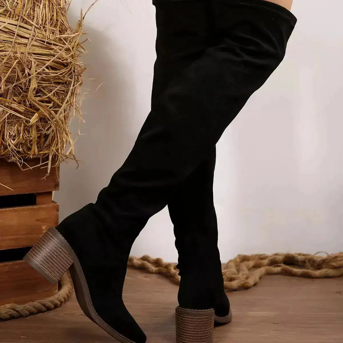 PU Leather Point Toe Block Heels Boots by Parfymia