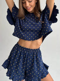 Women's Loungewear Set – Printed Crop Top & Ruffled Shorts