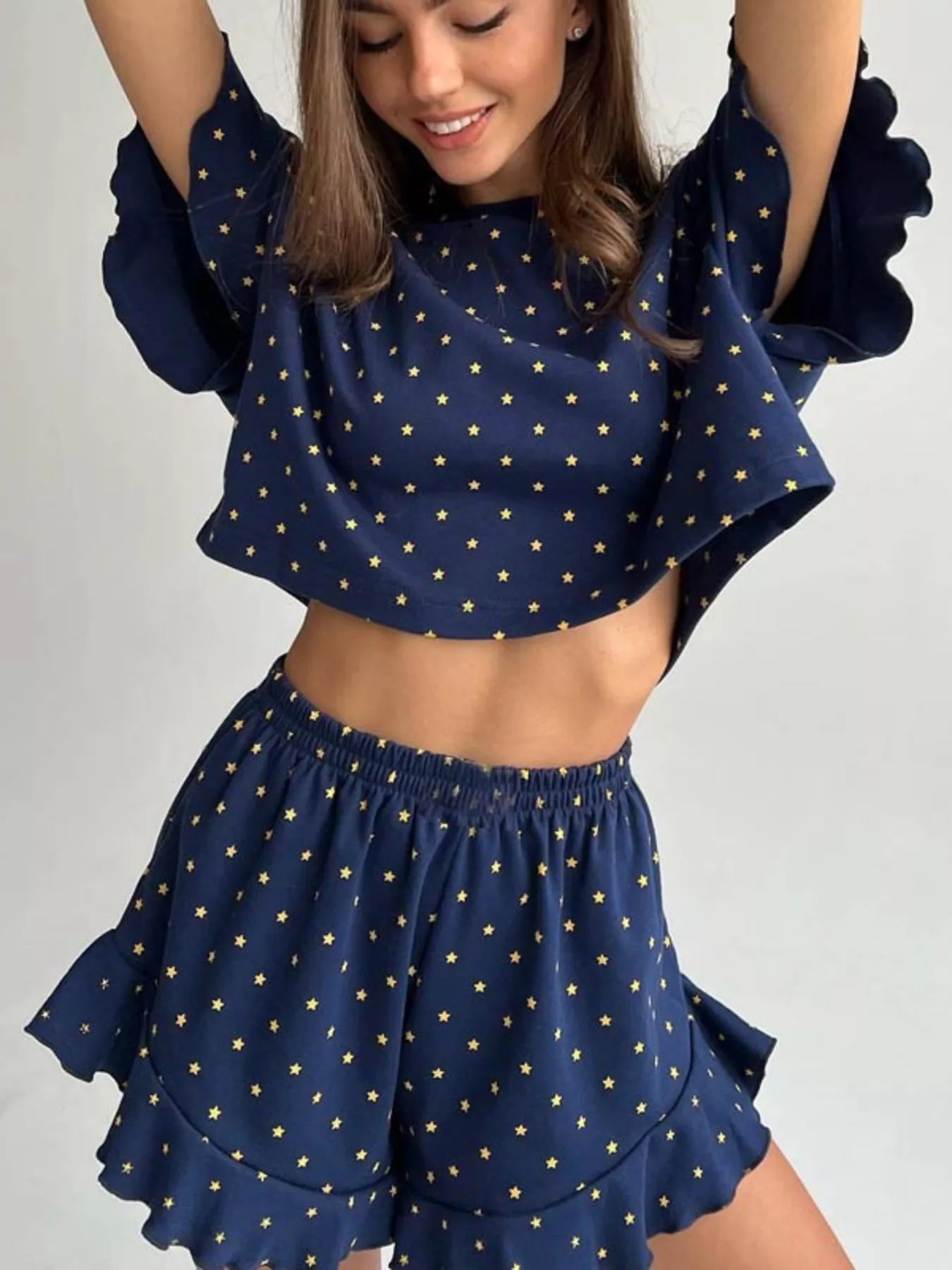 Women's Loungewear Set – Printed Crop Top & Ruffled Shorts