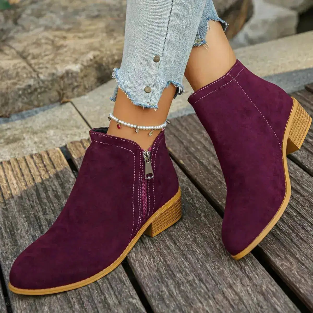 Pointed Toe Block Heel Boots in Suede by Parfymia