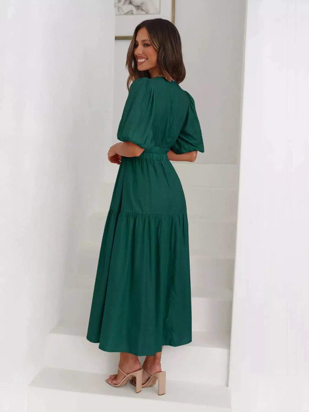 Tiered Puff Sleeve Midi Dress Trendsi