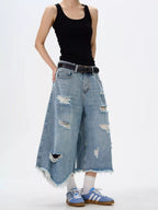 Men's Full Size Distressed Raw Hem Wide Leg Jeans Plus Size