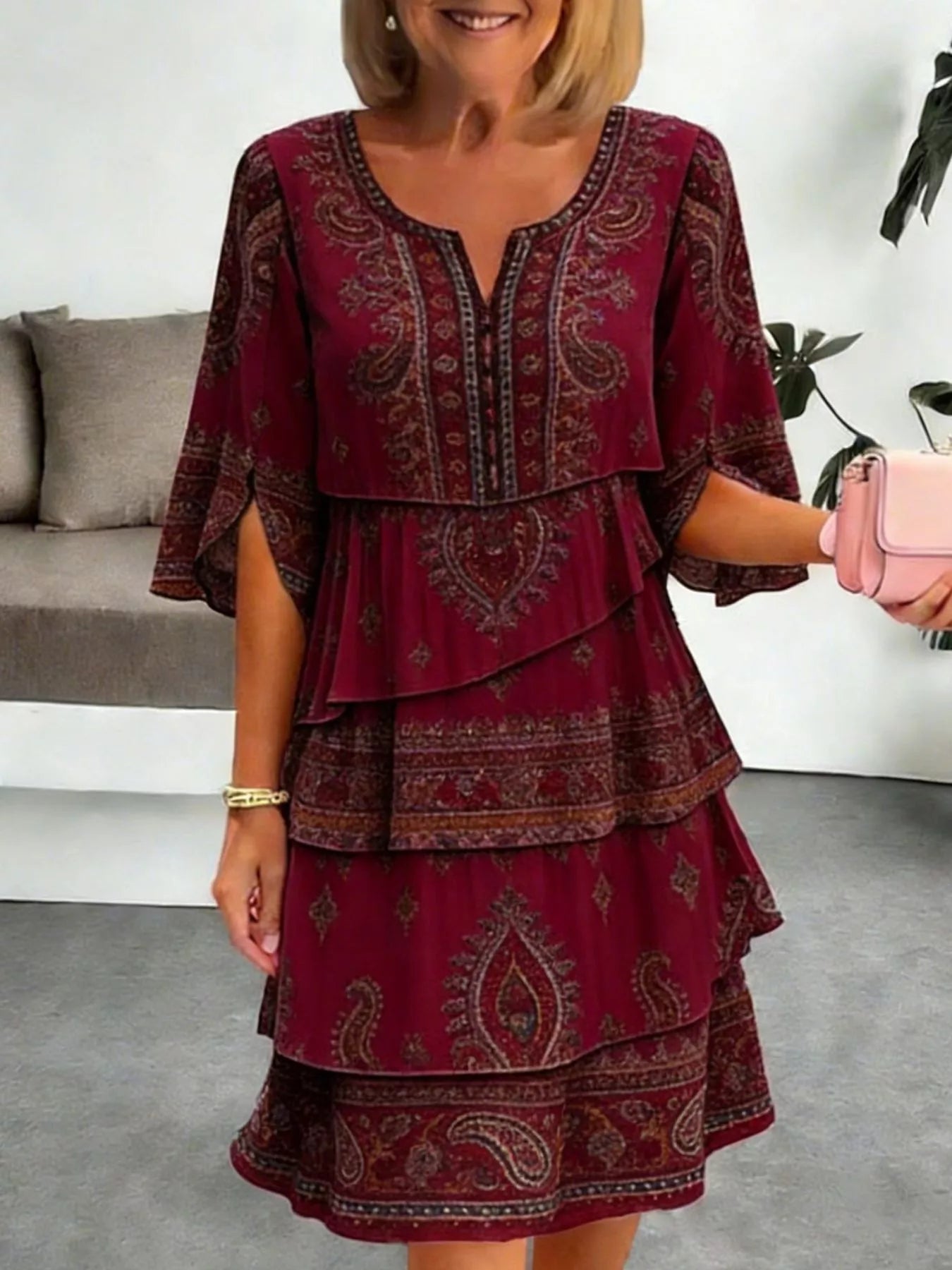 Women's Paisley Print Ruffle Mini Dress Plus Size