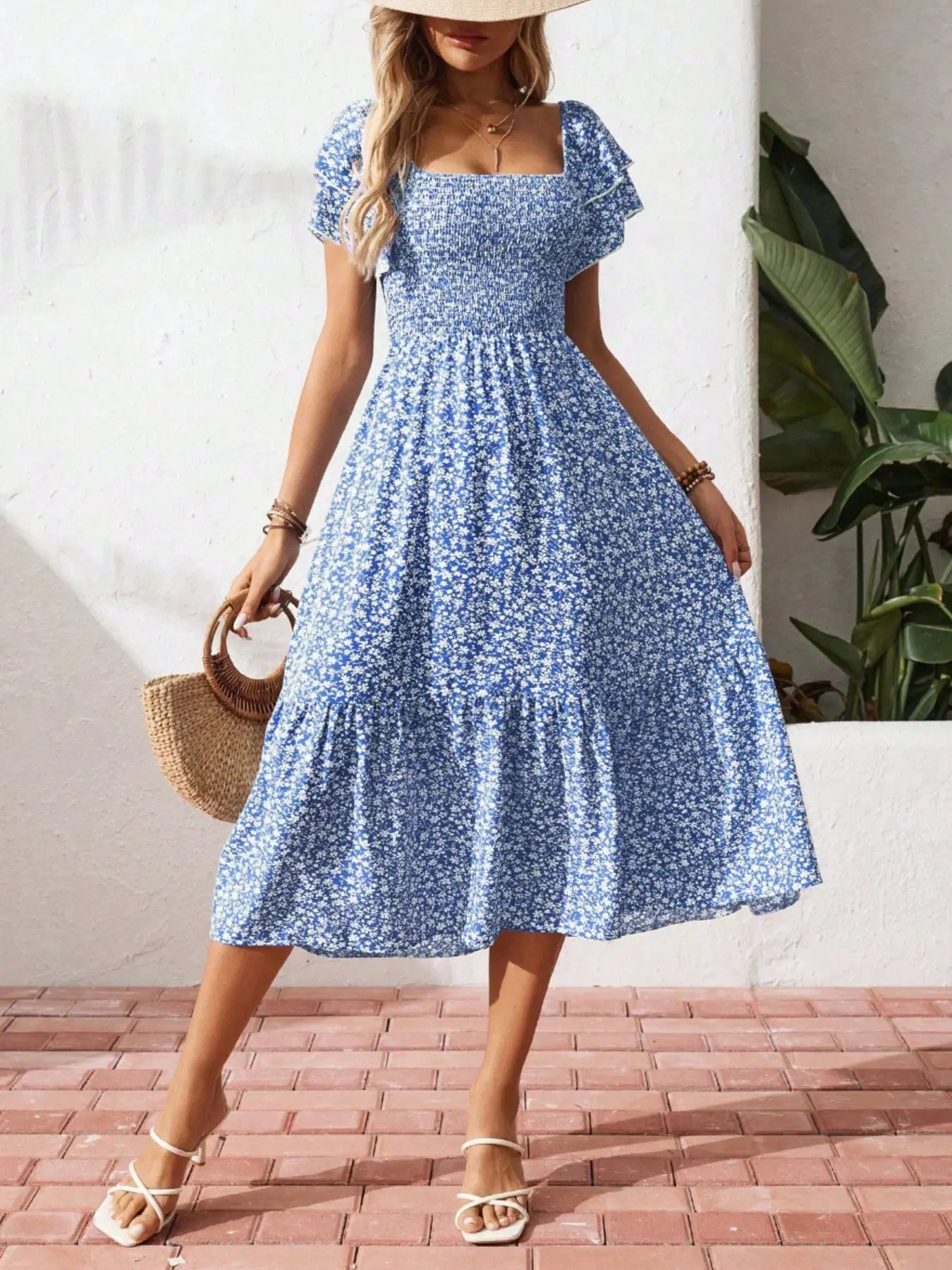 Floral Print Smocked Ruffle Sleeves Dress Trendsi