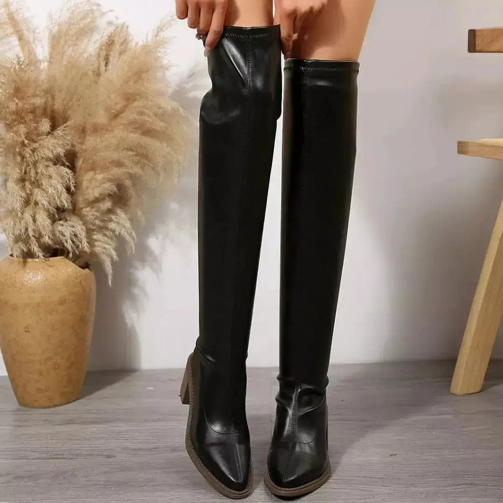 PU Leather Point Toe Block Heels Boots by Parfymia