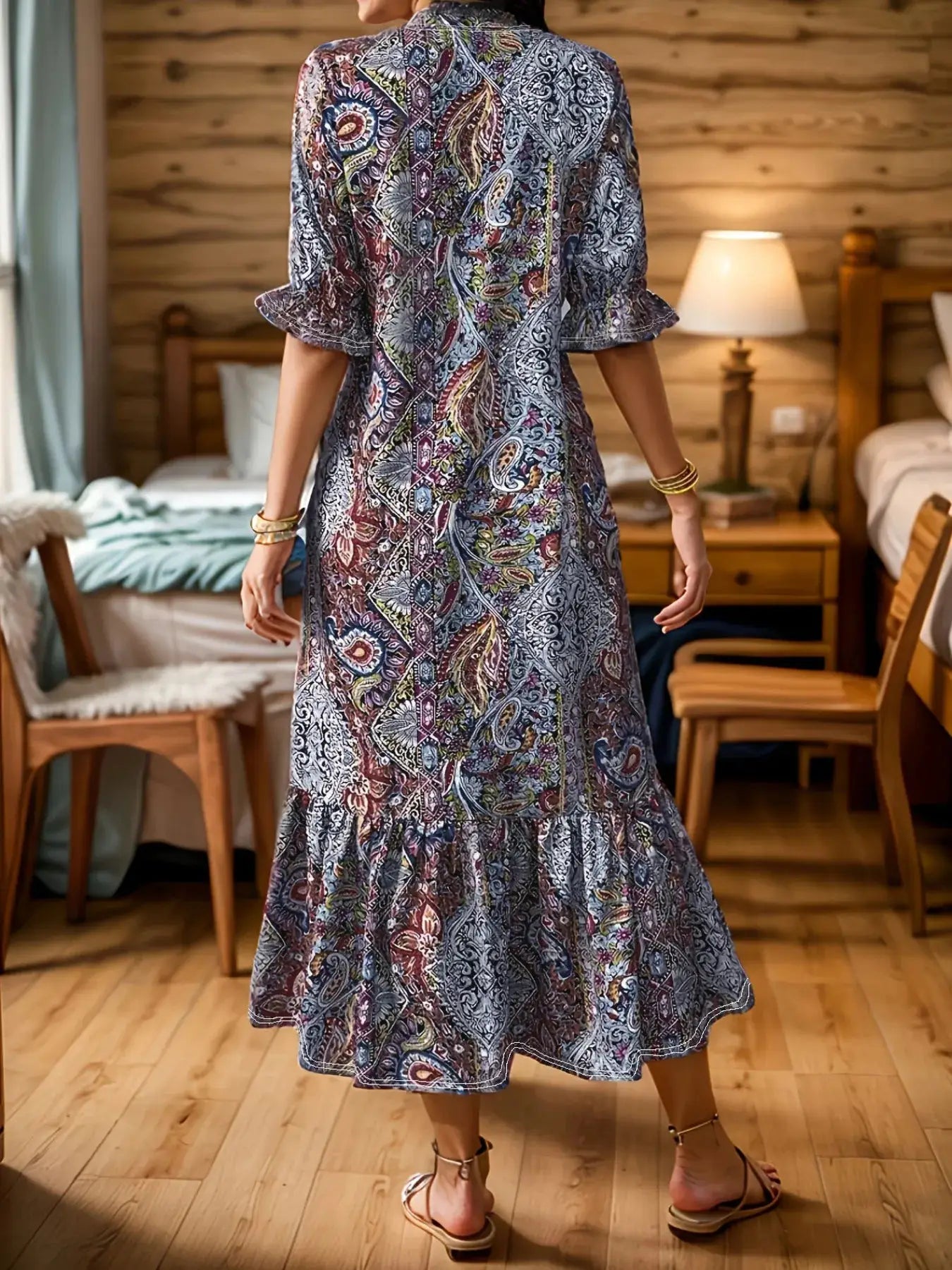Full Size Bohemian Paisley Print Ruffle Hem Midi Dress Plus Size Trendsi