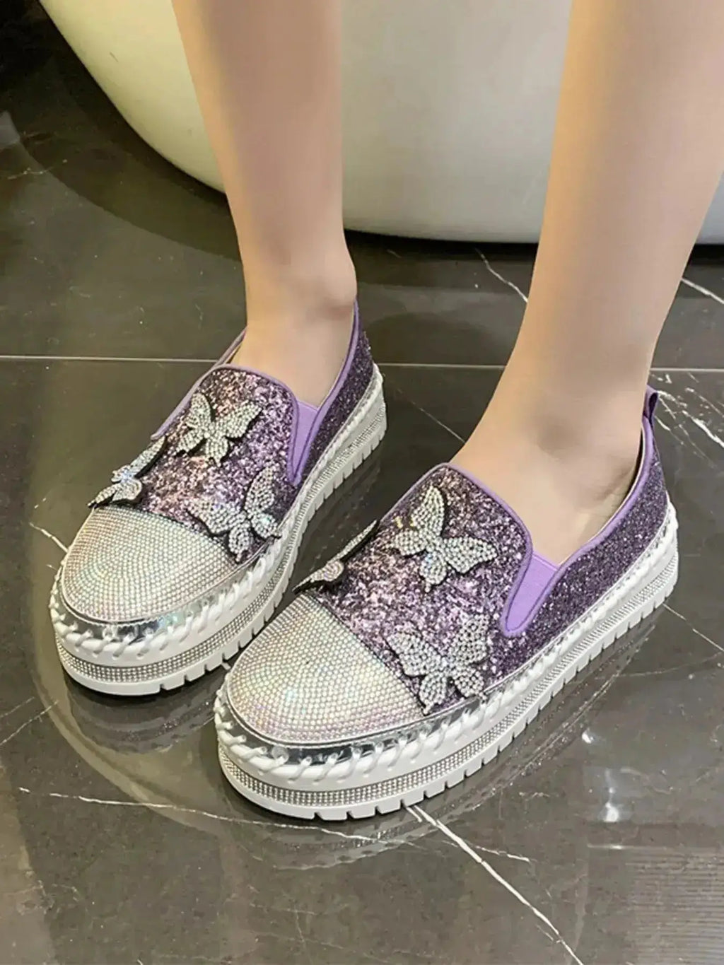 Chic Rhinestone Platform Slip-Ons in PU Leather by Parfymia