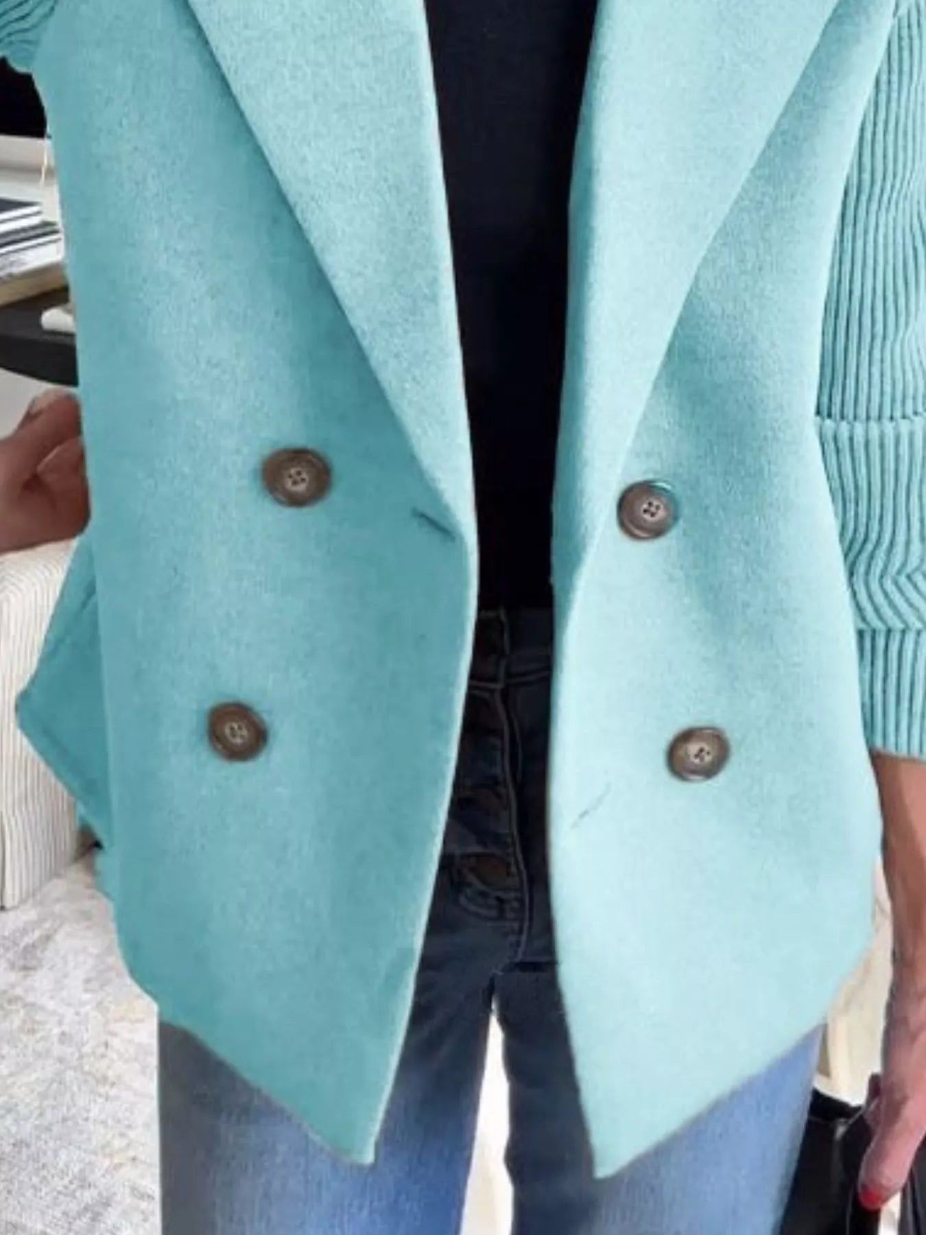 Women's Double-Breasted Jacket with Knit Sleeves