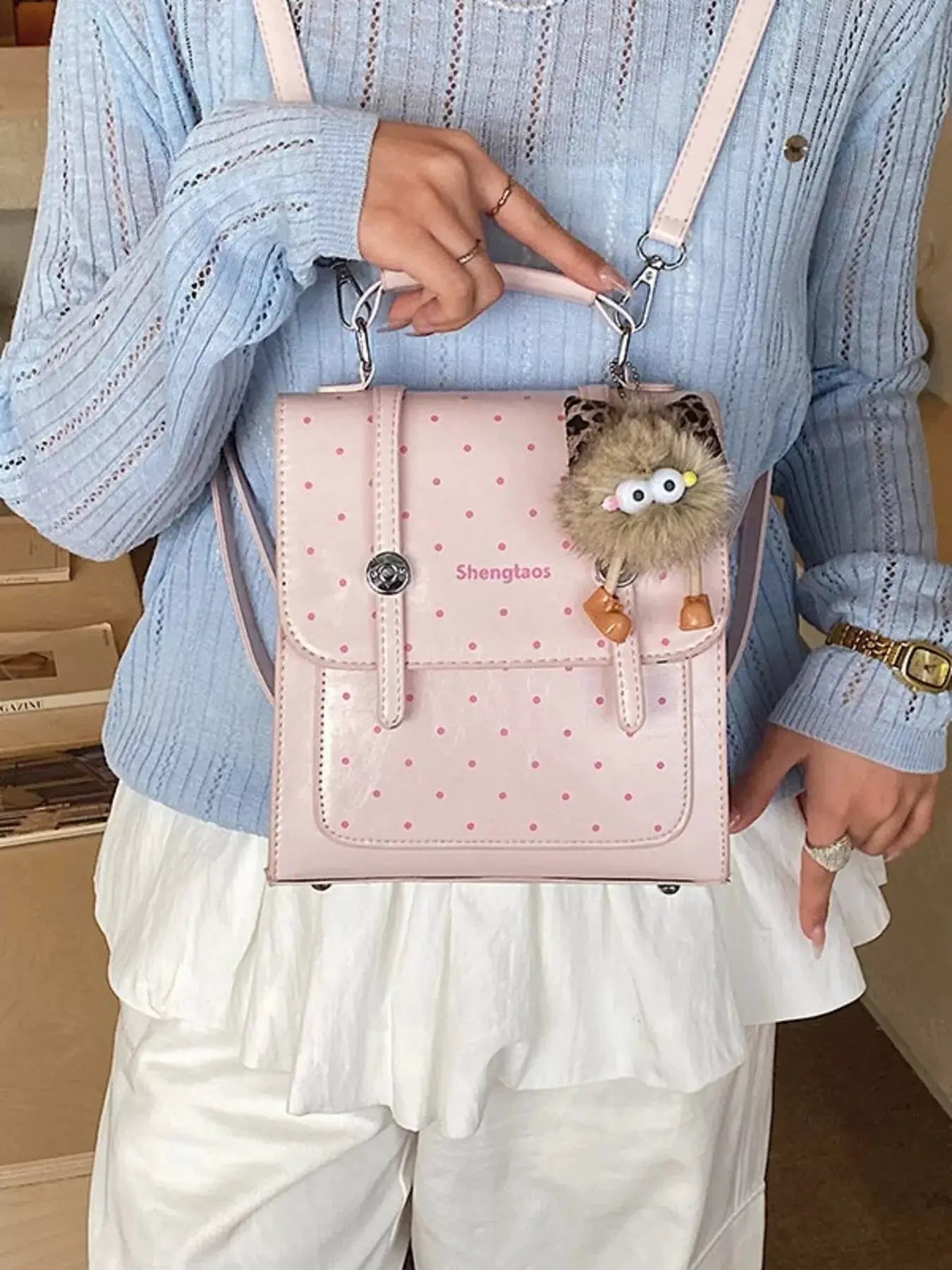 Pink Polka Dot Mini PU Leather Backpack Bag With Fur Charm — Parfymia