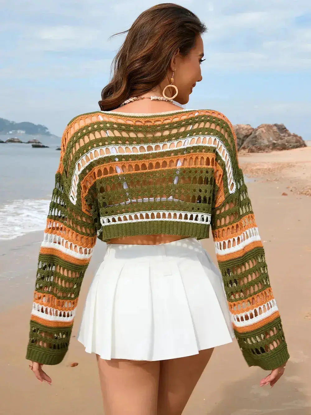 Openwork Cover-Up Boat Neck Dropped Shoulder Acrylic by Parfymia