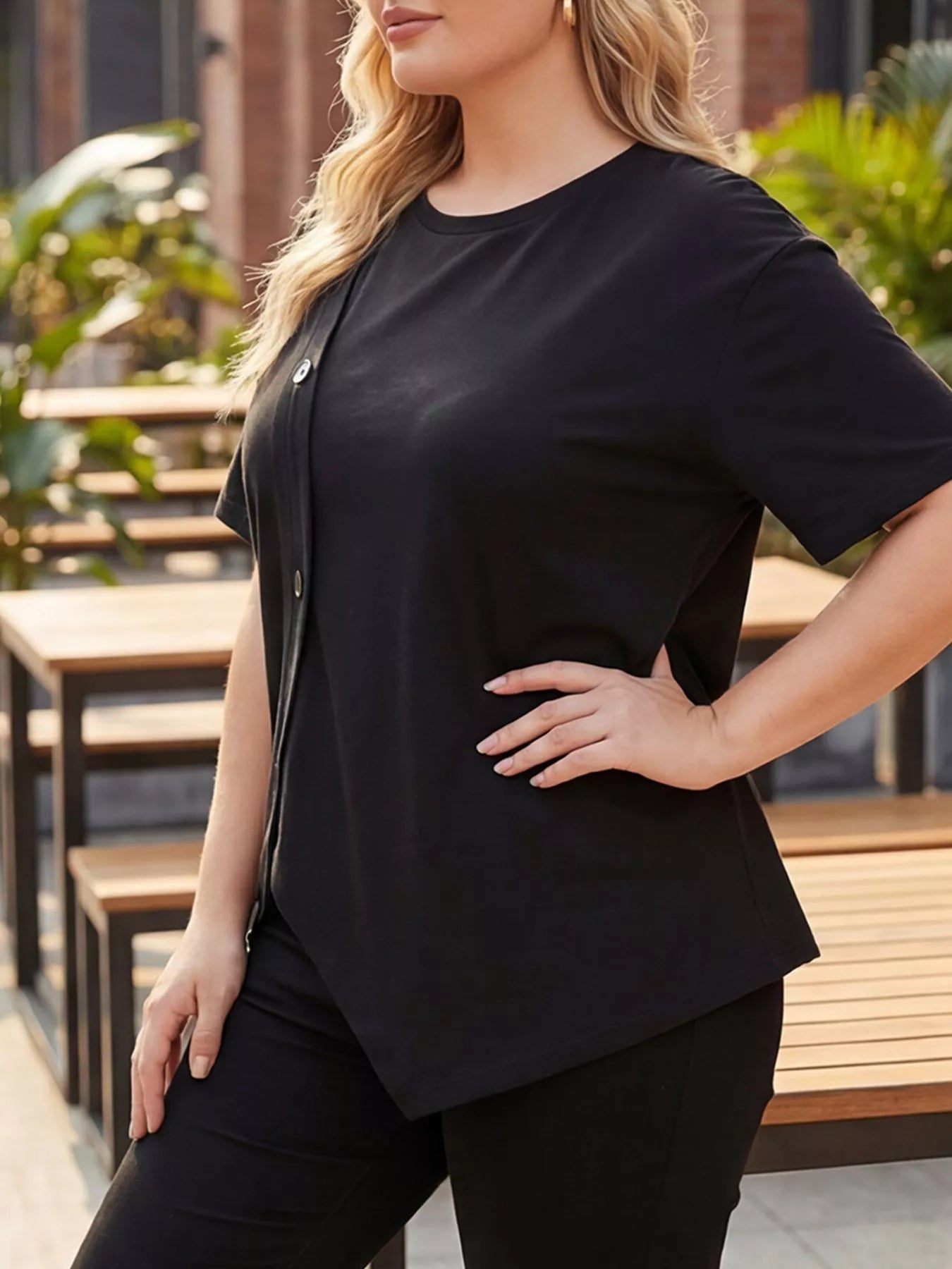 Women's Plus Size Asymmetrical Button T-Shirt