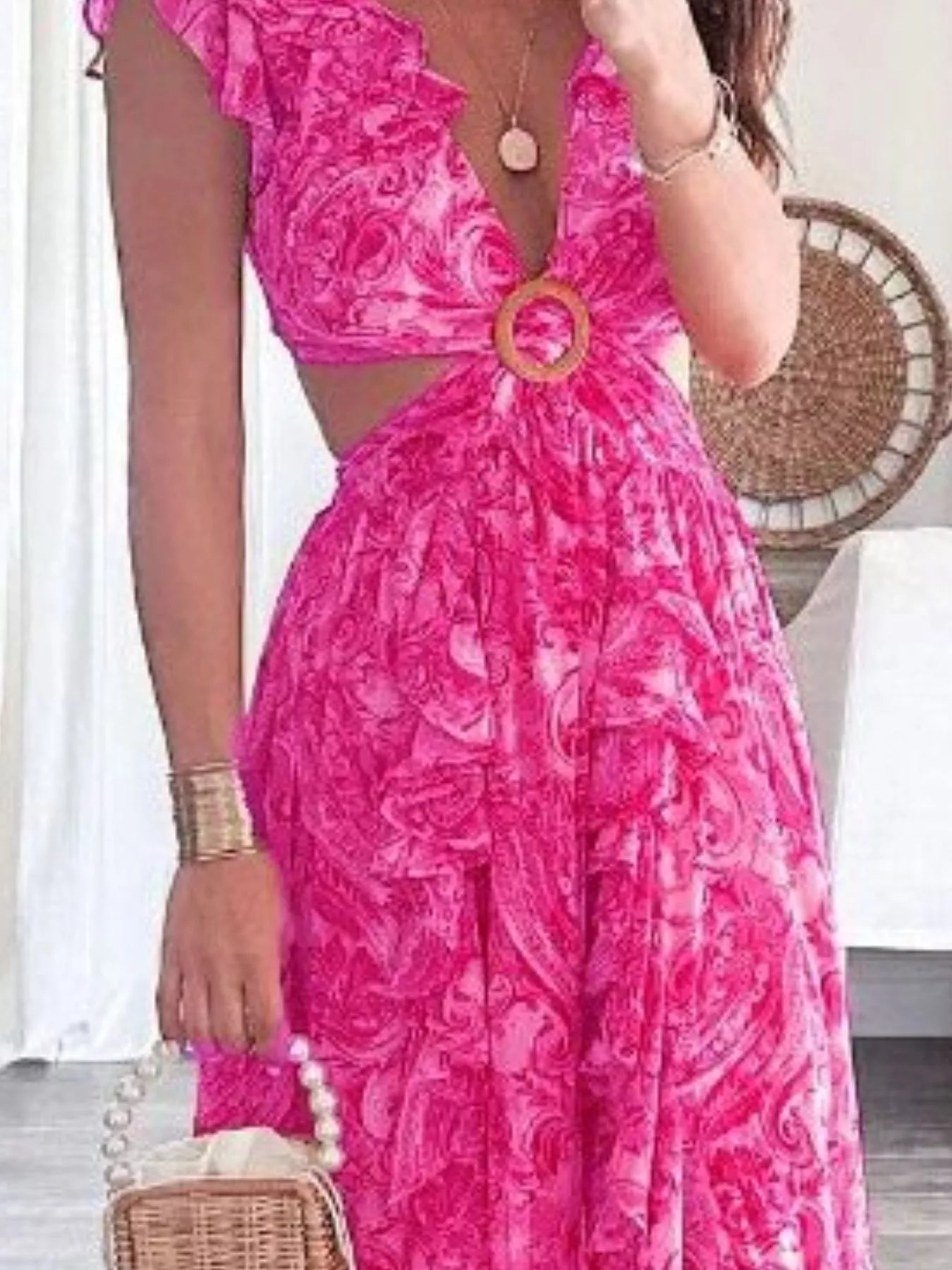 Women's Maxi Dress – Ruffled Cutout V-Neck