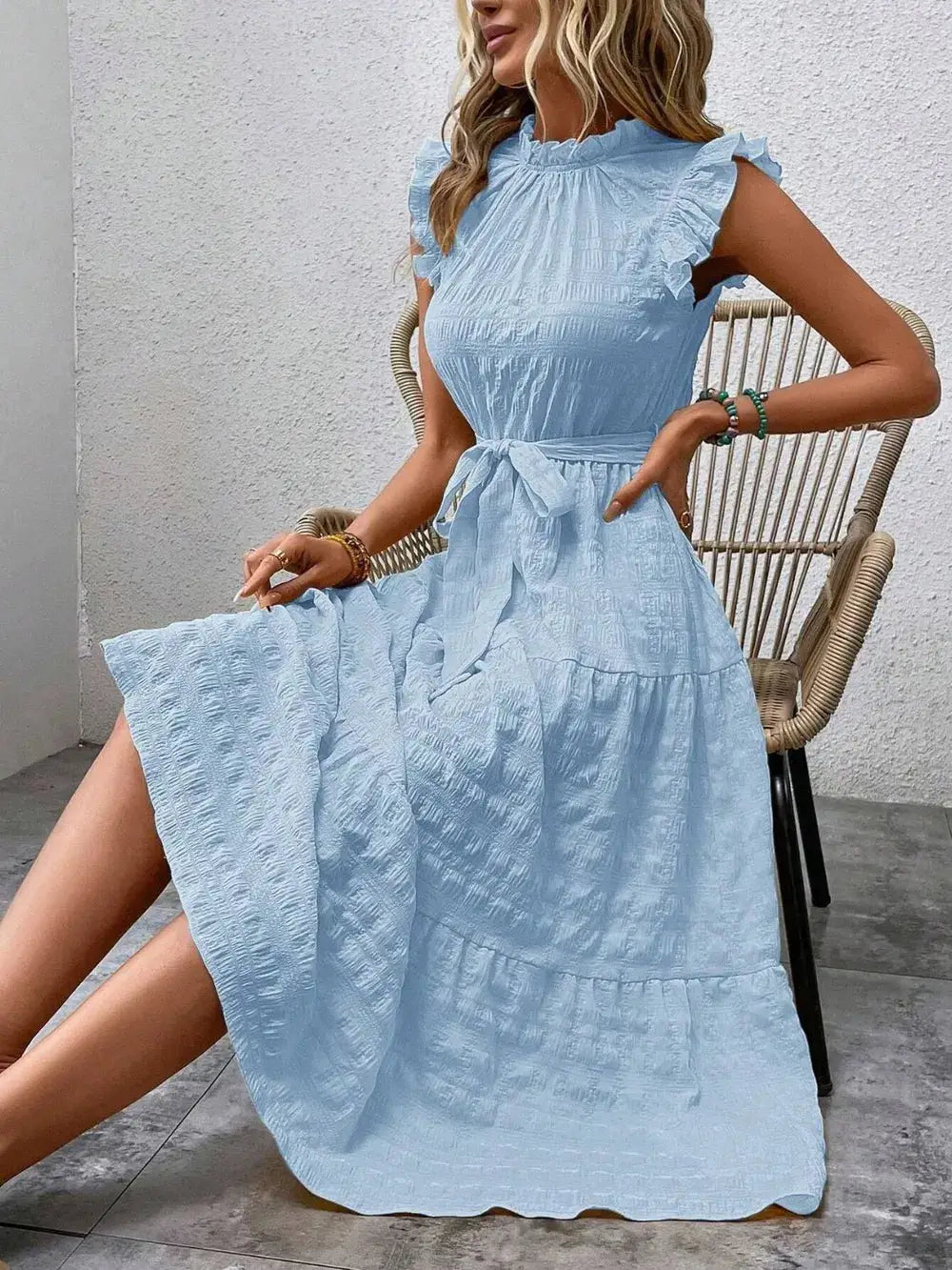 Tied Ruffled Cap Sleeve Midi Dress Trendsi