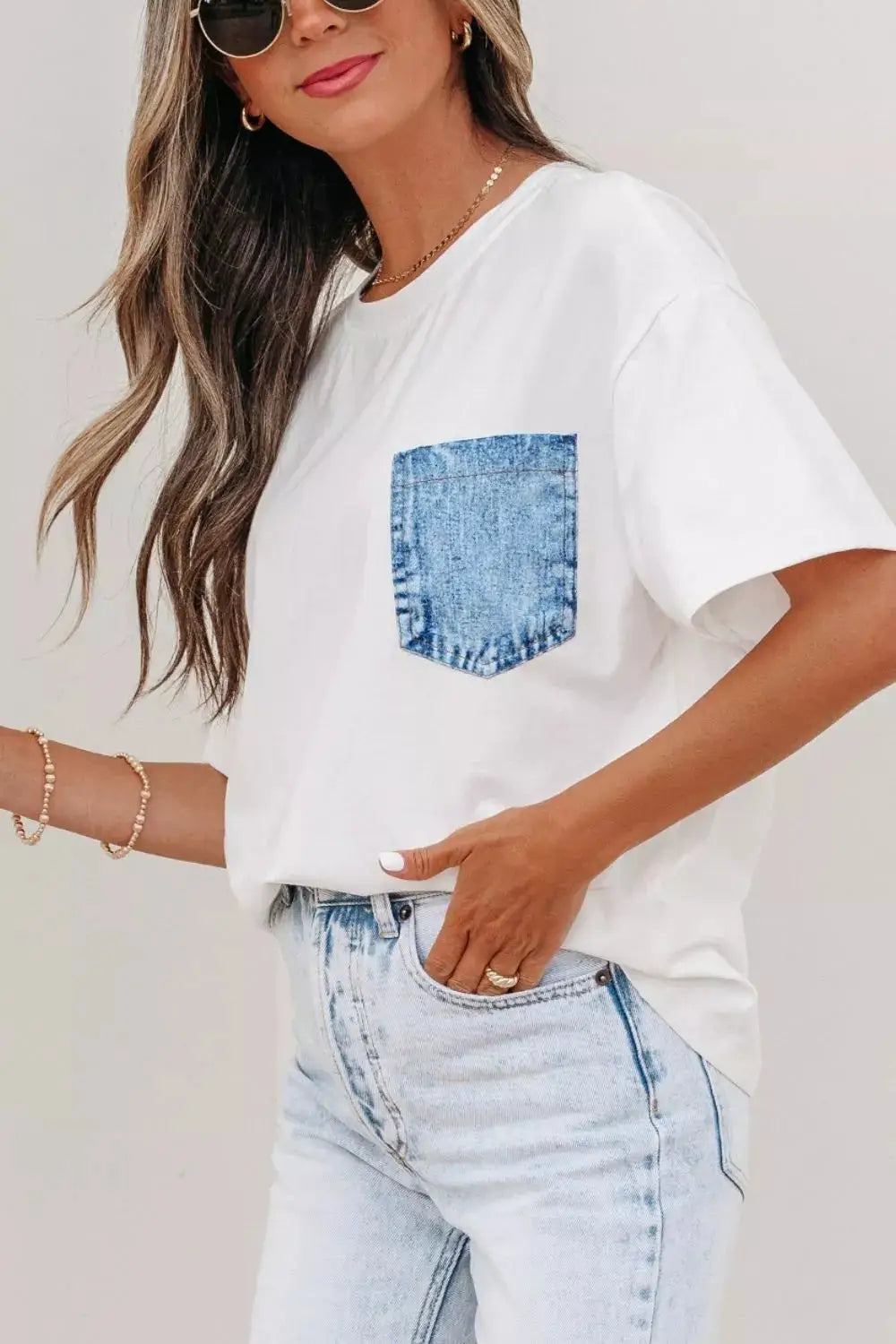 Color Block Chest Pocket Patched Casual Short Sleeve Top by Trendsi