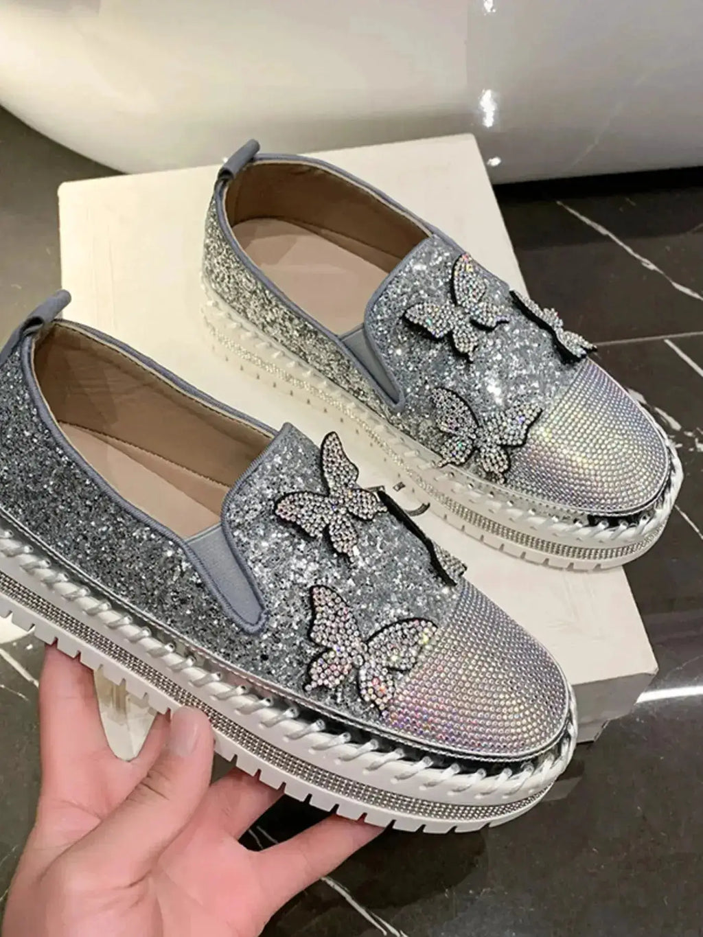 Chic Rhinestone Platform Slip-Ons in PU Leather by Parfymia