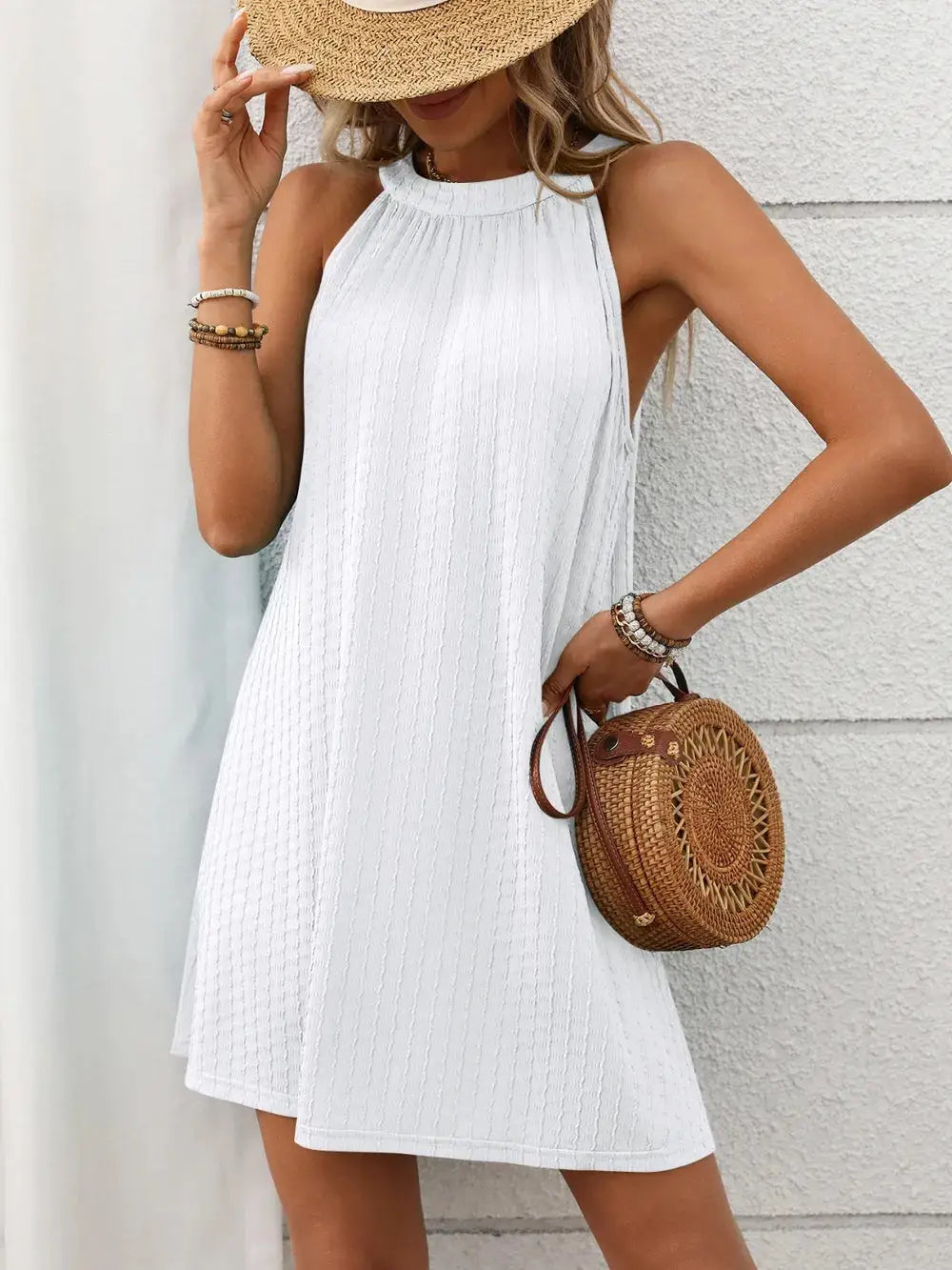 Textured Grecian Neck Mini Dress Trendsi