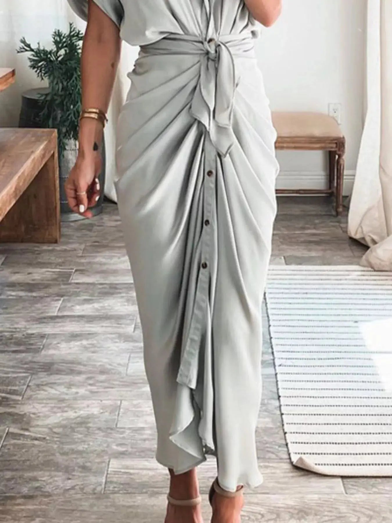 Tie-Waist Button-Down Midi Dress Trendsi