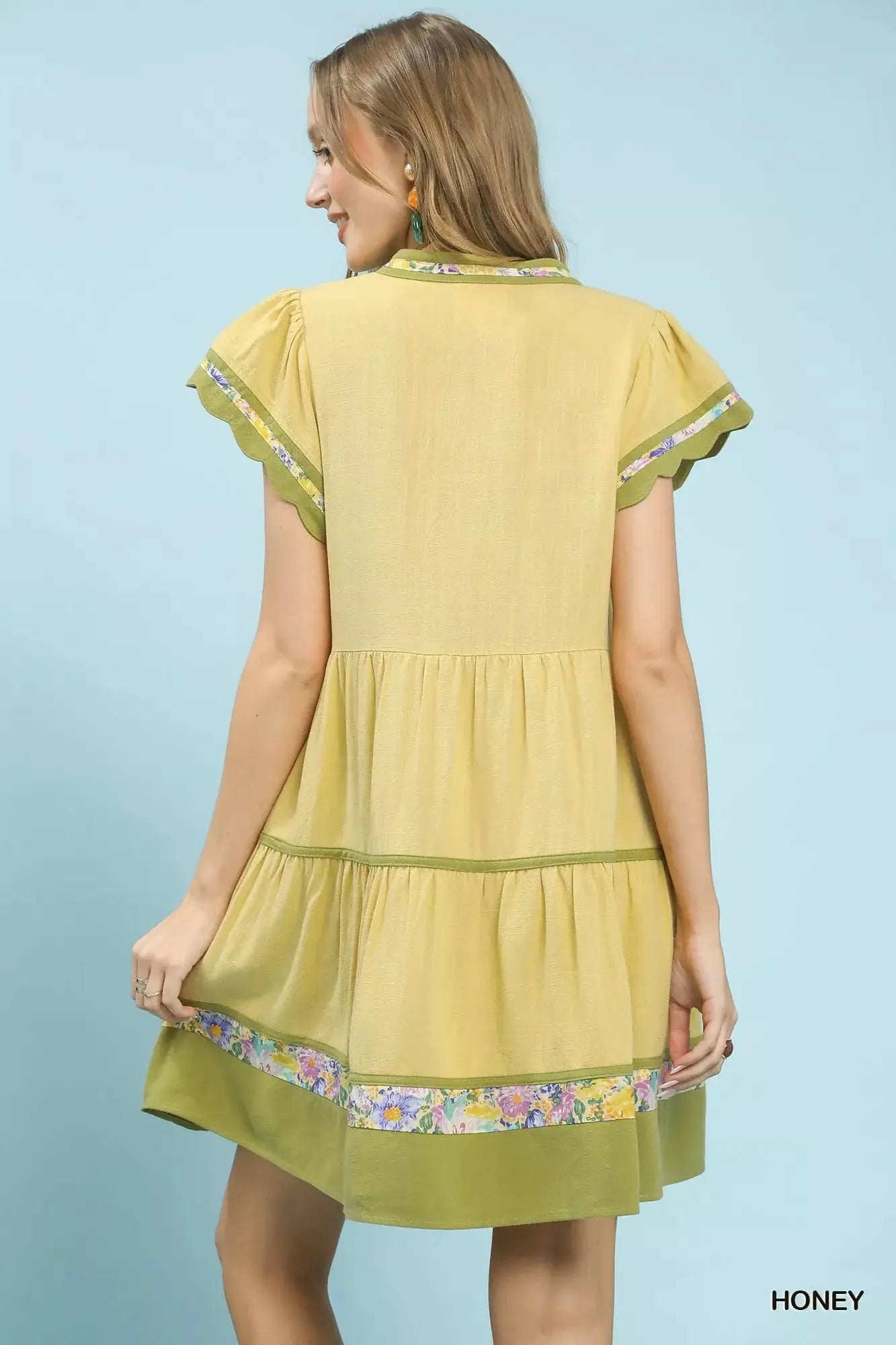 Umgee Linen Tiered Flutter Sleeve Dress with Floral Trim Trendsi
