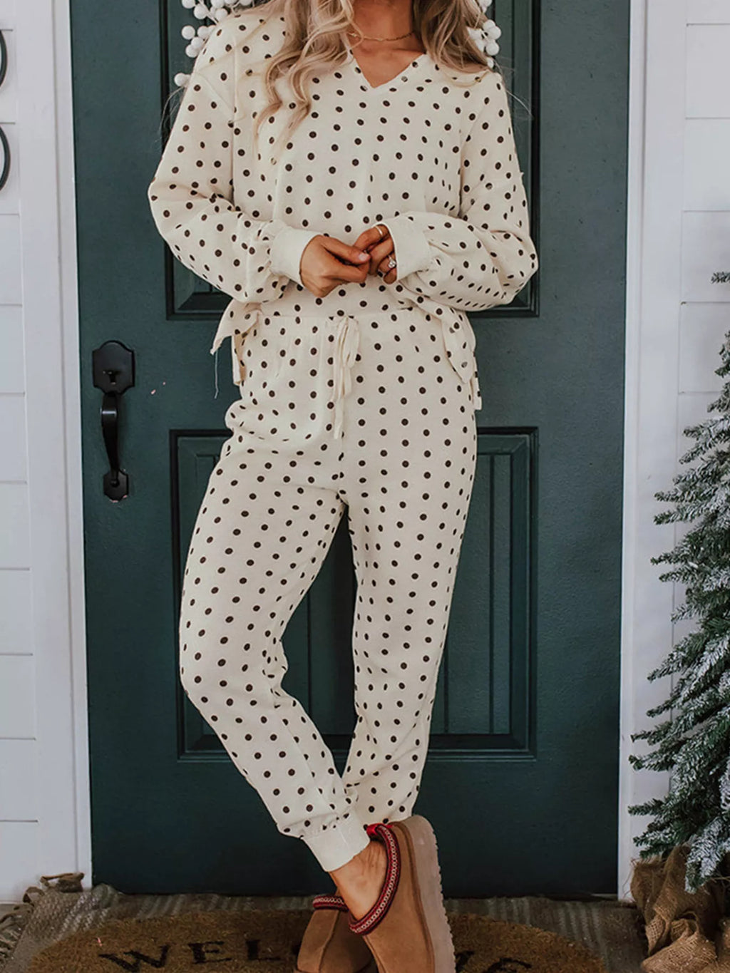 Women's Lounge Set Polka Dot Long Sleeve Top & Joggers