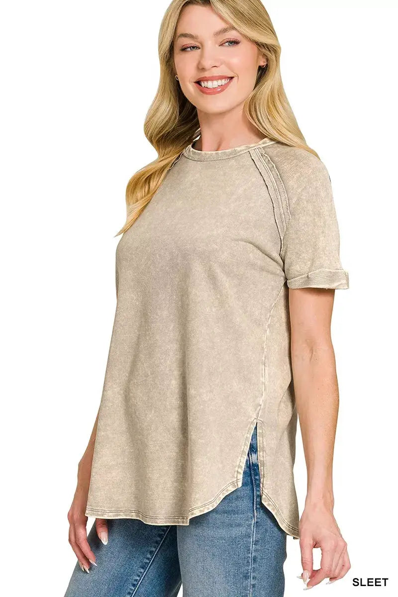 Zenana Washed French Terry Curved Hem Top Relaxed Fit Casual — Parfymia