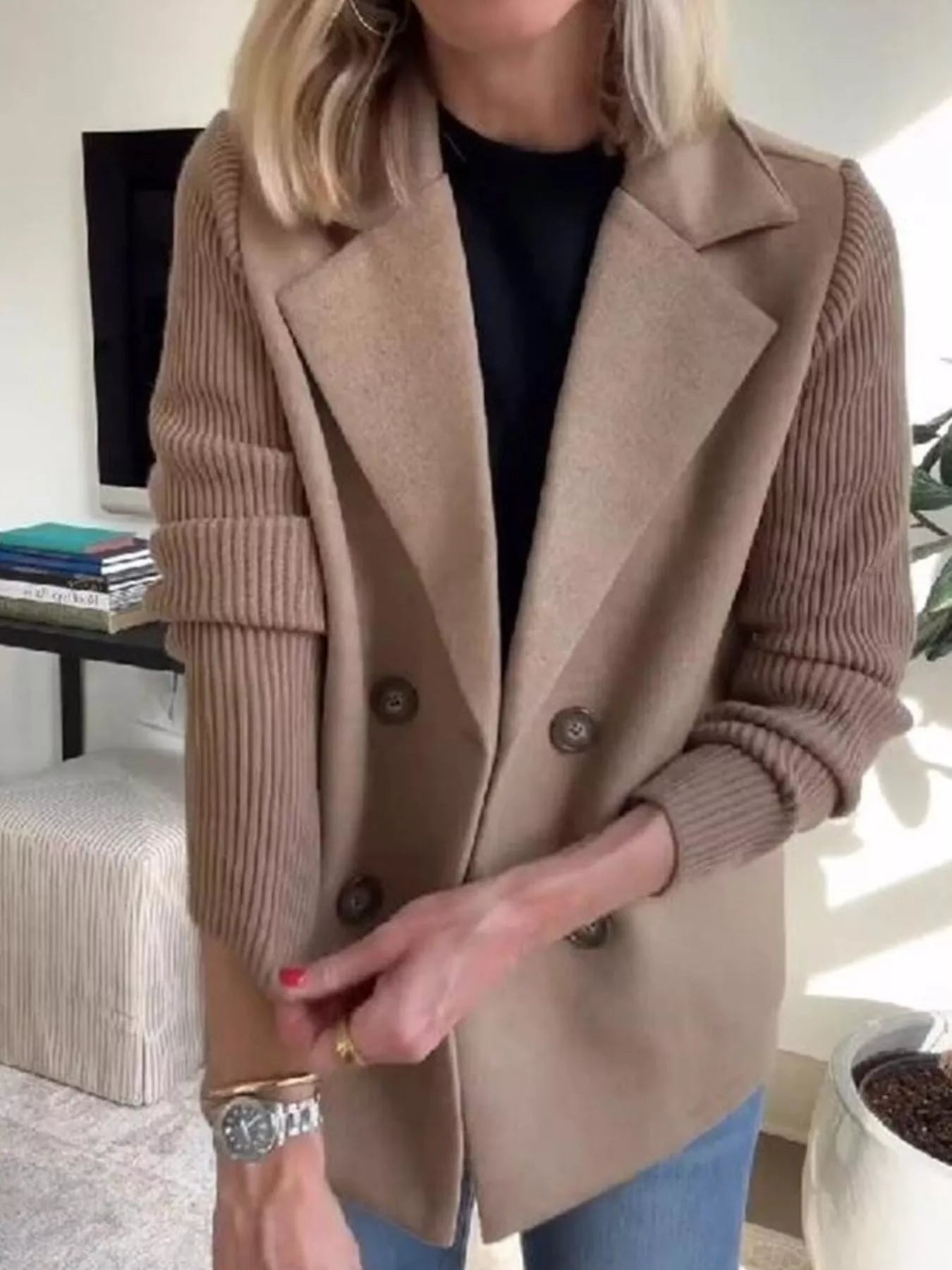 Women's Double-Breasted Jacket with Knit Sleeves