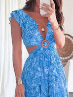 Women's Maxi Dress – Ruffled Cutout V-Neck