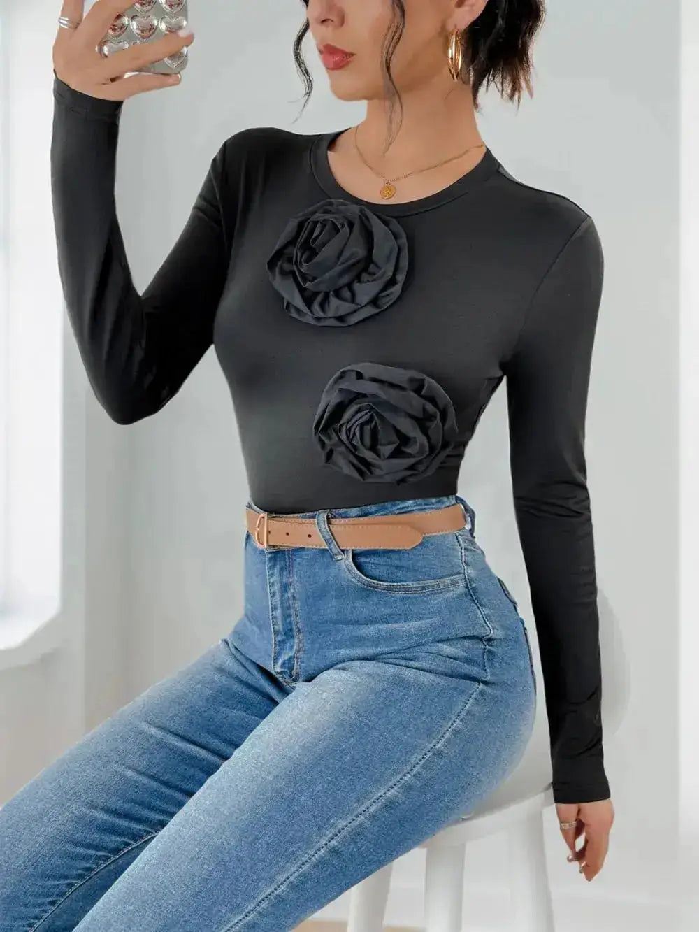 Perfee Flower Round Neck Long Sleeve Bodysuit by Parfymia
