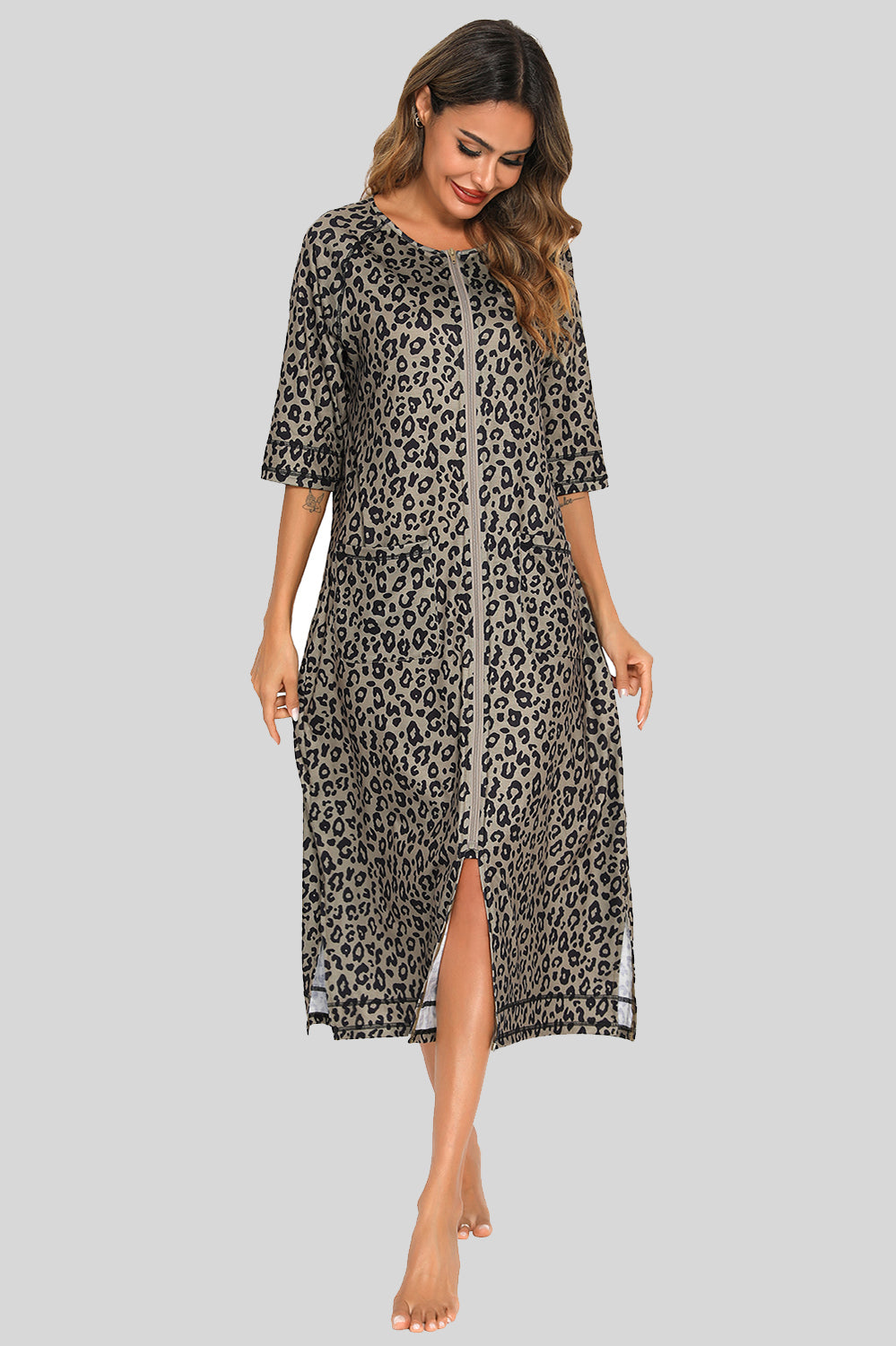 Women's Printed Slit Night Dress with Pockets
