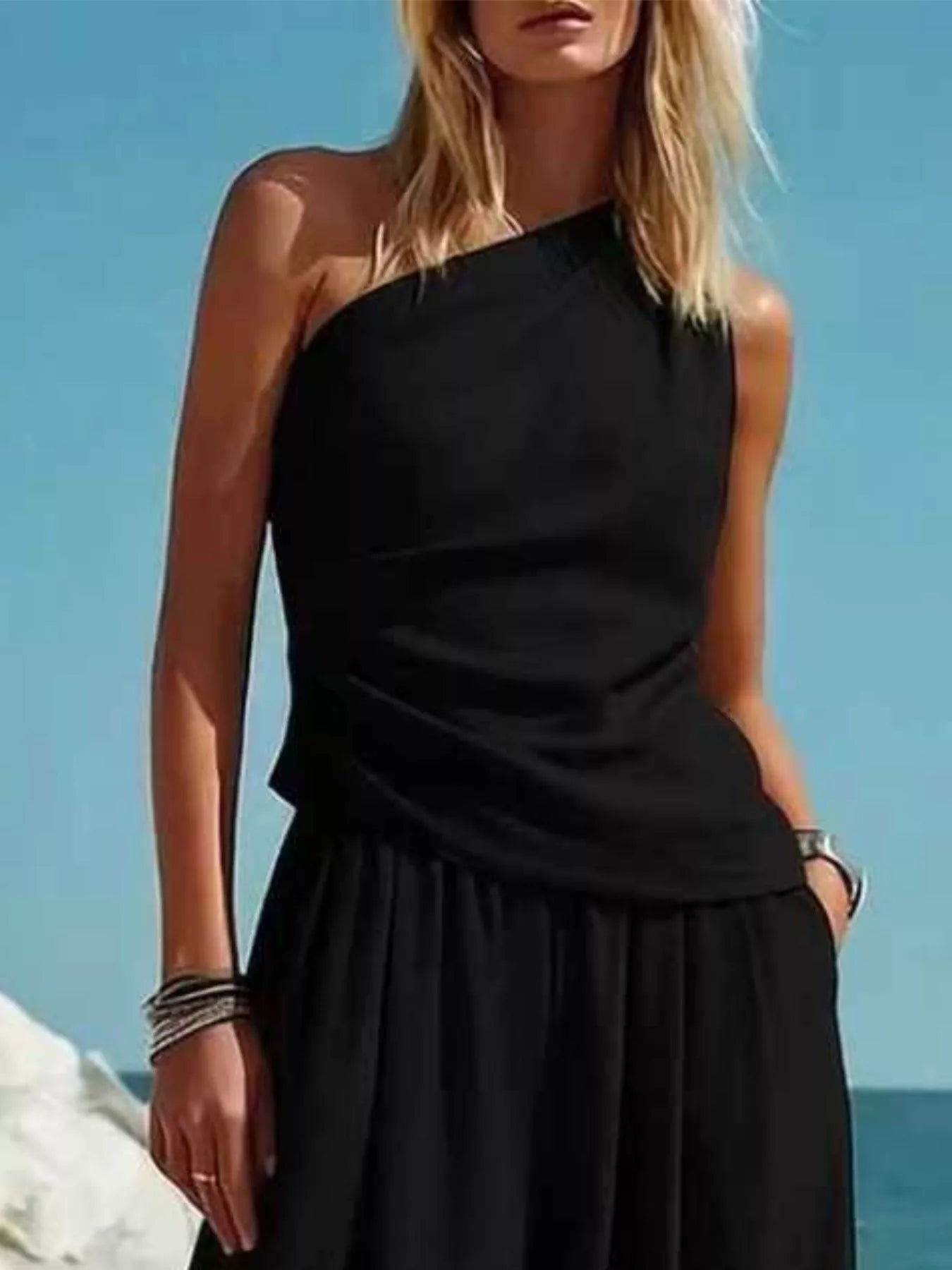 Women's Pants Set – One-Shoulder Top & Wide Leg