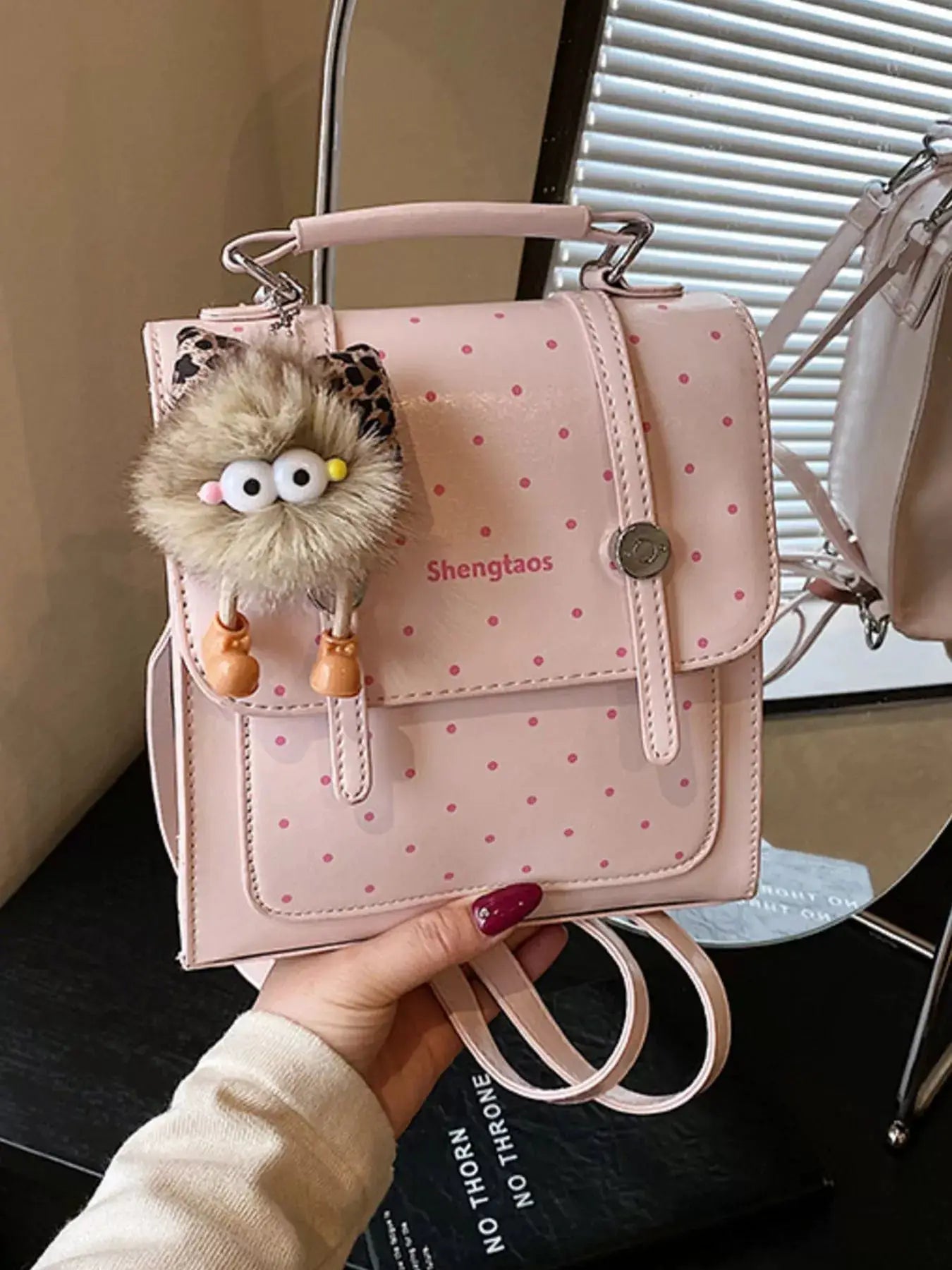 Pink Polka Dot Mini PU Leather Backpack Bag With Fur Charm — Parfymia