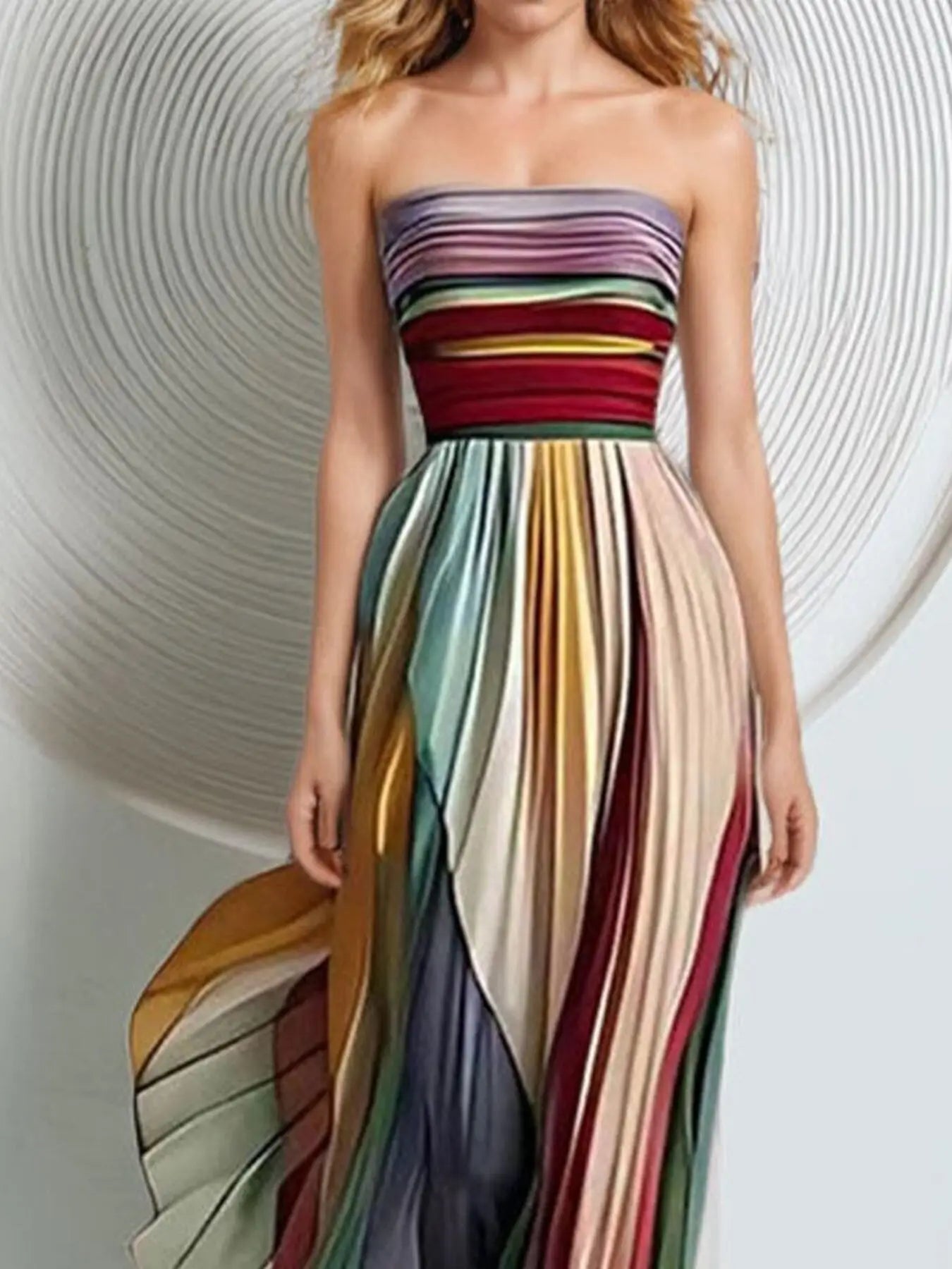 Striped Pleated Strapless Maxi Dress Trendsi