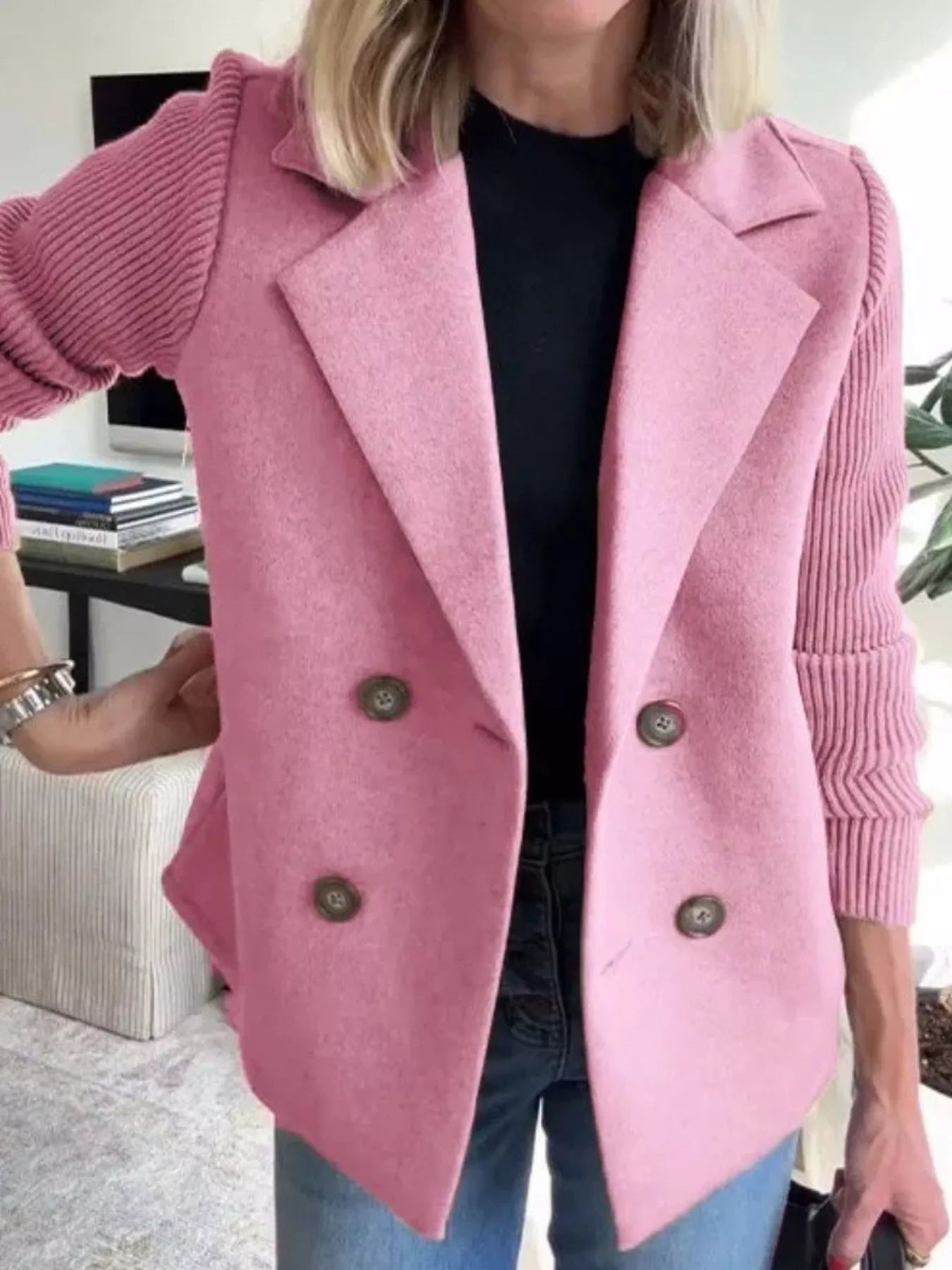 Women's Double-Breasted Jacket with Knit Sleeves