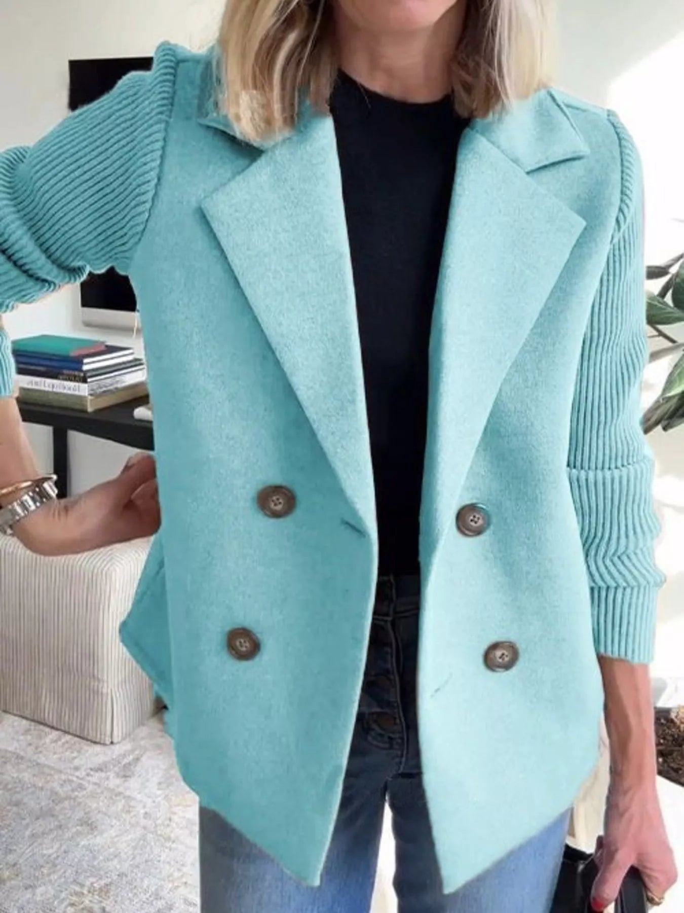 Women's Double-Breasted Jacket with Knit Sleeves